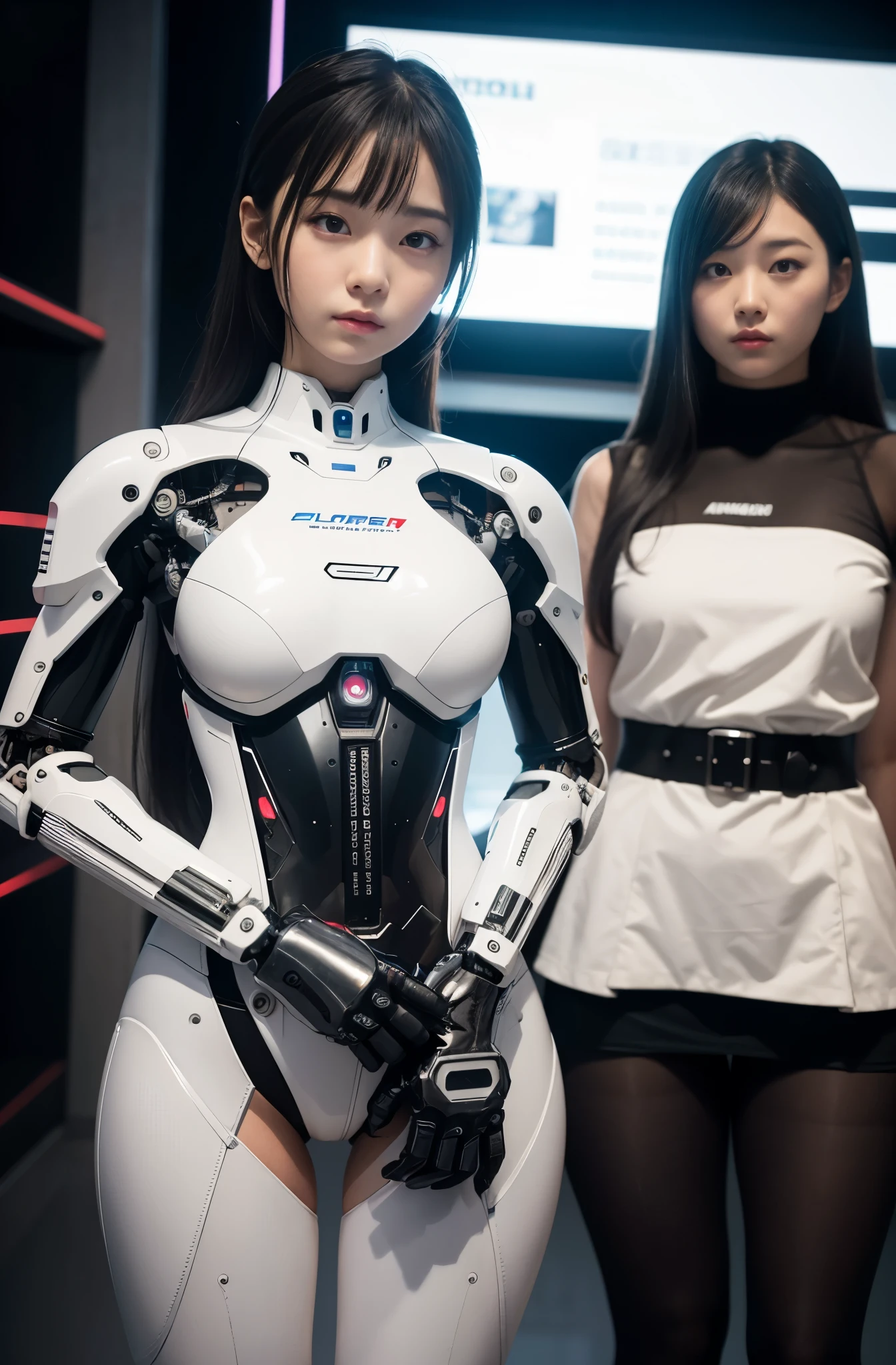 masterpiece, best quality,Japaese Cyborg Girl,Plump , announcer,control panels,android,Droid,Mechanical Hand, ,clothes with a sense of mechanical technology, Robot arms and legs, Black Robot Parts,Black hair,Mechanical body,Blunt bangs,White abdomen,White robotics parts,tube dress,perfect robot woman,perfect android woman, perfect mechanical woman,future laboratory,android factory,cyborg factory,robot factory,cyber pank,charging spot,long tube,thick cable connected her neck,bowing,maintainance her,repaired her,full eyes,dark black tights,a bit chubby