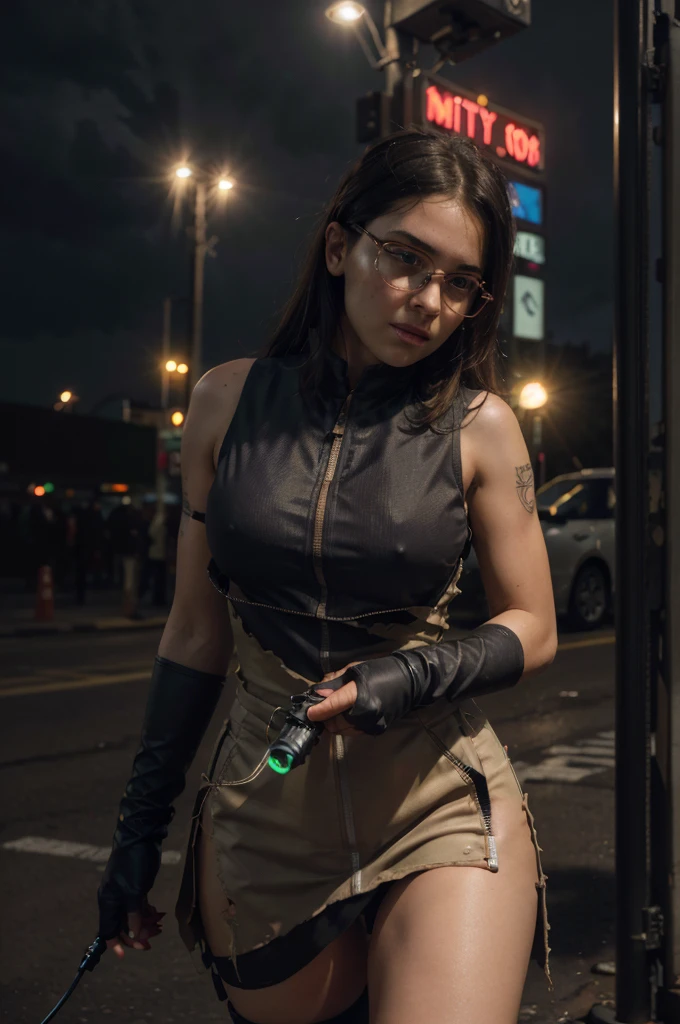 (1girl), ((torn combat clothing, bullet vest with open zipper, holding gun, tactical glasses, half dress: 1.4)), ((large breasts, round breasts: 1.2)), ((chest accentuated, wide hips, belly, narrow waist, curved waist: 1.2)), ((thin and thin waist, slender and thin belly: 1.2)), modern hairstyle, hair with colored highlights, purple highlights in the hair, ((smug face)), ((tattoo: 1,1)), masterpiece, best quality, realistic, ultra high resolution, depth of field, (two-color neon lighting: 1,2), (detailed face: 1.2), (detailed eyes: 1.2), (detailed background: 1.2), (city, action sequences, cinematic lighting, city storm: 1.2) (masterpiece: 1.2), (ultra detailed ), (best quality), complex and comprehensive cinematic, magical photography, (gradients), colorful and detailed landscape, visual key, glowing skin,