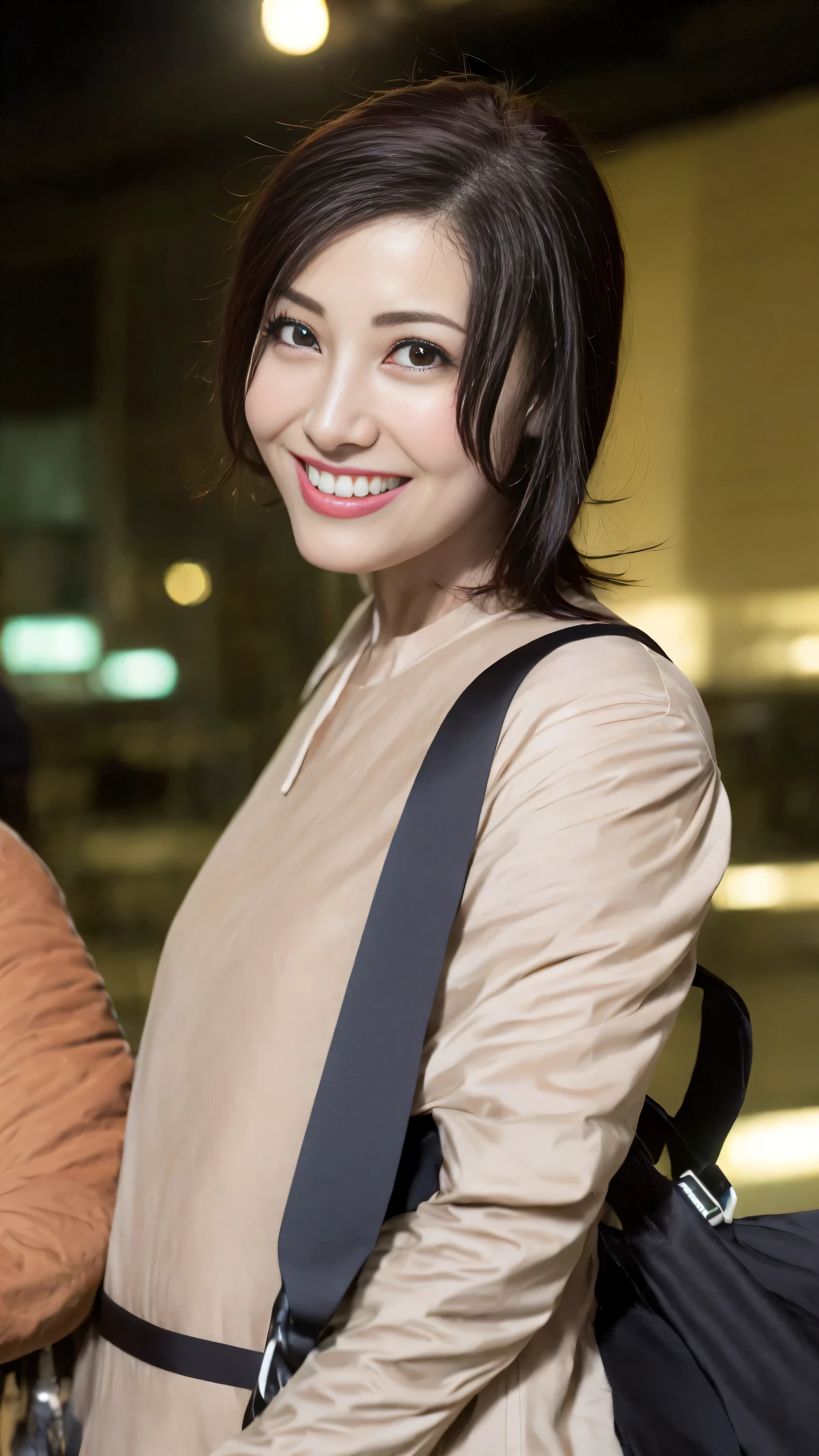 (8k, original photo, best quality, high resolution: 1.1), (Ultra actual: 1.4), (actual, lifelike: 1.3), soft light, girl, actual Face, actual Body, actual Skin, absurd, masterpiece, (charming: 1.8), crush, alone, (Big deal: 1.2), detailed black eyes, Innocent eyes, cheek, (woman'shirt: 1.2), Cinema lights, film grain, (((Backpack: 1.1)), Cherry-colored lips, close up, look at the audience, Upper body, open lips, Top Teeth, (smile eyes: 0.6), ((grinning: 1.2)), depth of field, blurred background, eye focus, Bokeh, midnight, Shinjuku, neon lights, cyberpunk, rain, 85mmレンズ, F/1.4, professional lighting, young, portrait, photon mapping, Radiosity, and physically-based rendering