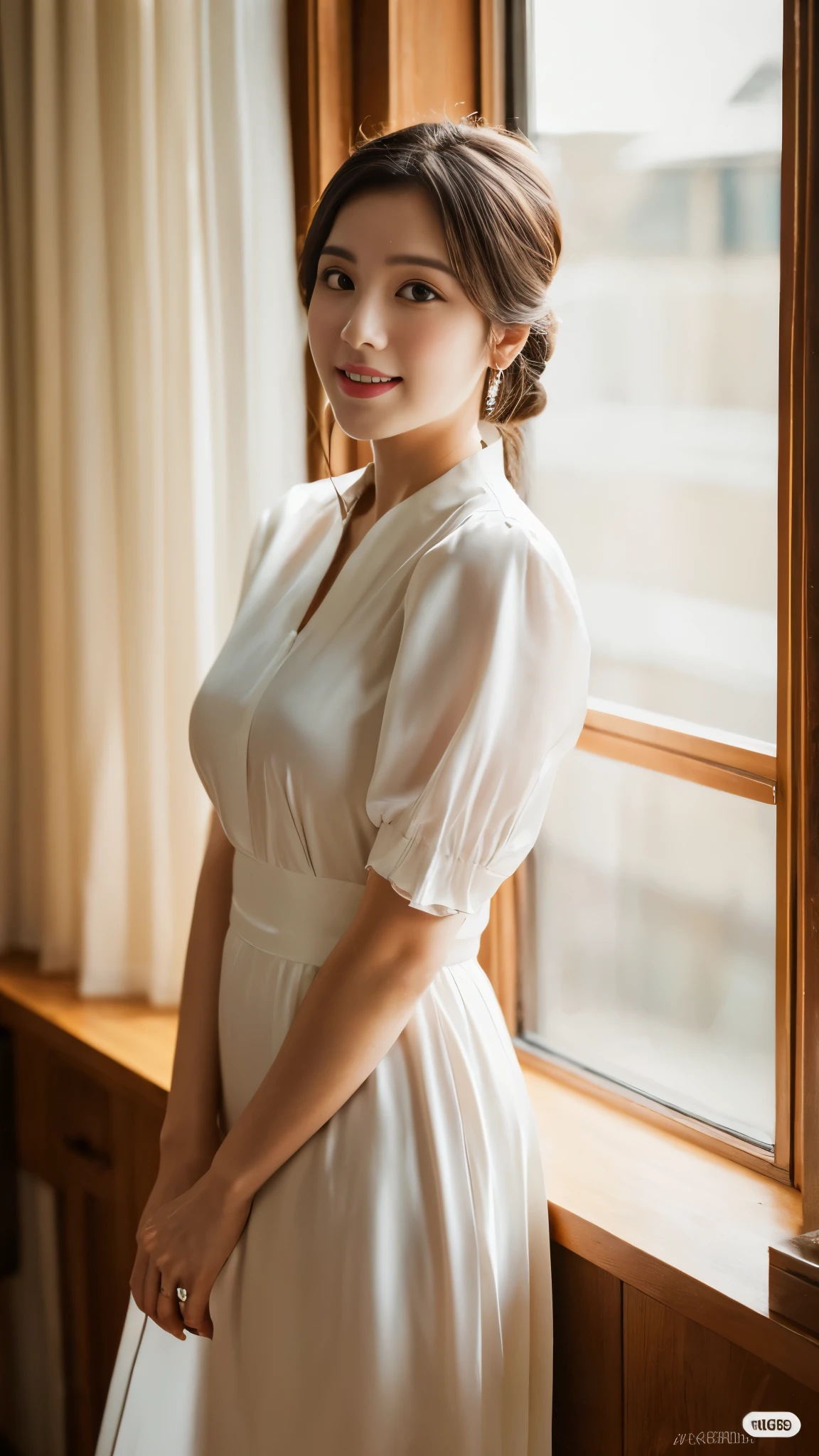 (best quality,16k,high resolution,masterpiece:1.2),Super detailed,(actual,lifelike,photorealistic:1.37),Korean fashion beauty,Japanese Korean beauty,cute and innocent,Detailed eyes and face,Beautiful and delicate lips,white teeth,long eyelashes,Slimming,Plump upper circumference,big breasts,split,(charming的,charming:1.1),indoor background，The fabric of the clothes is very smooth,Portrait style photography,bright colors,bright sunshine outside the window，（full-body shot：1.2），（from the front），（Chinese cheongsam：1.5）（Light colored clothing），（silk）