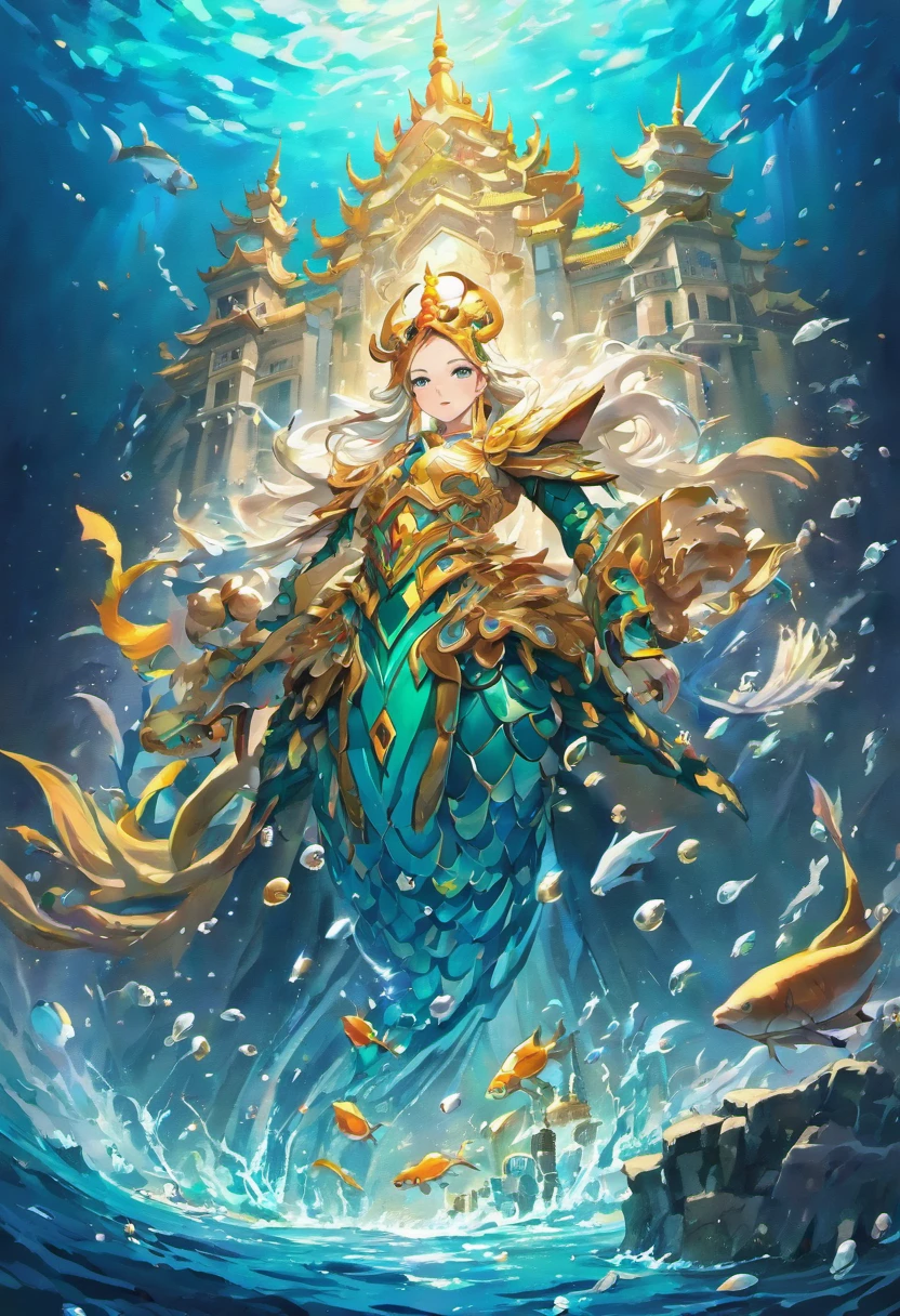 1. 中国myth, East Sea Dragon King, majestic, powerful, (gods:1.3), (serpentine:1.2), (beard和beard:0.8), (beard:0.9), (Huge size:1.5), scales, bright colors, Sparkling water, (coral reef:1.1), (gold crown:1.2), (Dragon-shaped throne:1.4), (flowing robe:1.1), (龙形beard饰:1.3), (emerald eyes:1.2), (pearl necklace:1.2), (golden trident:1.4), (Suspended:1.1), (Sky clouds:1.3), (flashing lights:1.2), (Rough waves:1.3), (a palace full of treasures:1.5), (School of colorful fish:1.2), (underwater city:1.4), Gorgeous, myth, Gorgeous, Extensive and detailed, separate, chinese traditional architecture.