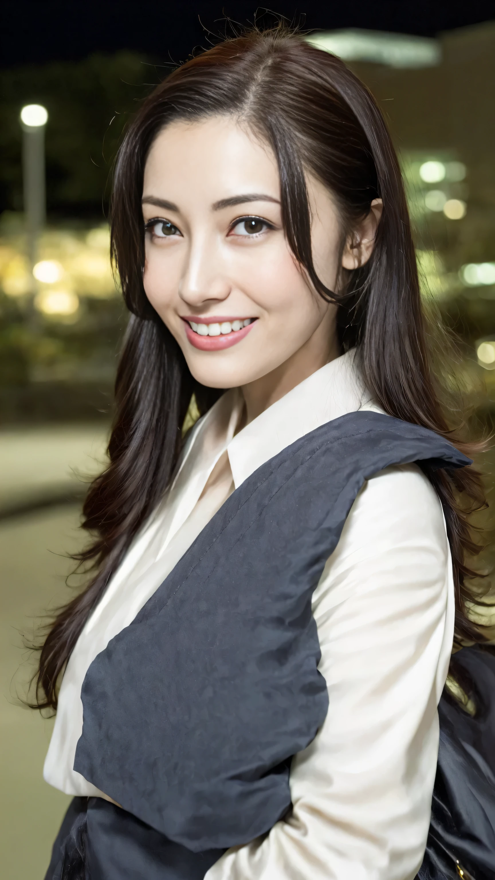 (8k, original photo, best quality, high resolution: 1.1), (Ultra actual: 1.4), (actual, lifelike: 1.3), soft light, girl, actual Face, actual Body, actual Skin, absurd, masterpiece, (charming: 1.8), crush, alone, (Big deal: 1.2), detailed black eyes, Innocent eyes, cheek, (woman'shirt: 1.2), Cinema lights, film grain, (((Backpack: 1.1)), Cherry-colored lips, close up, look at the audience, Upper body, open lips, Top Teeth, (smile eyes: 0.6), ((grinning: 1.2)), depth of field, blurred background, eye focus, Bokeh, midnight, Shinjuku, neon lights, cyberpunk, rain, 85mmレンズ, F/1.4, professional lighting, young, portrait, photon mapping, Radiosity, and physically-based rendering