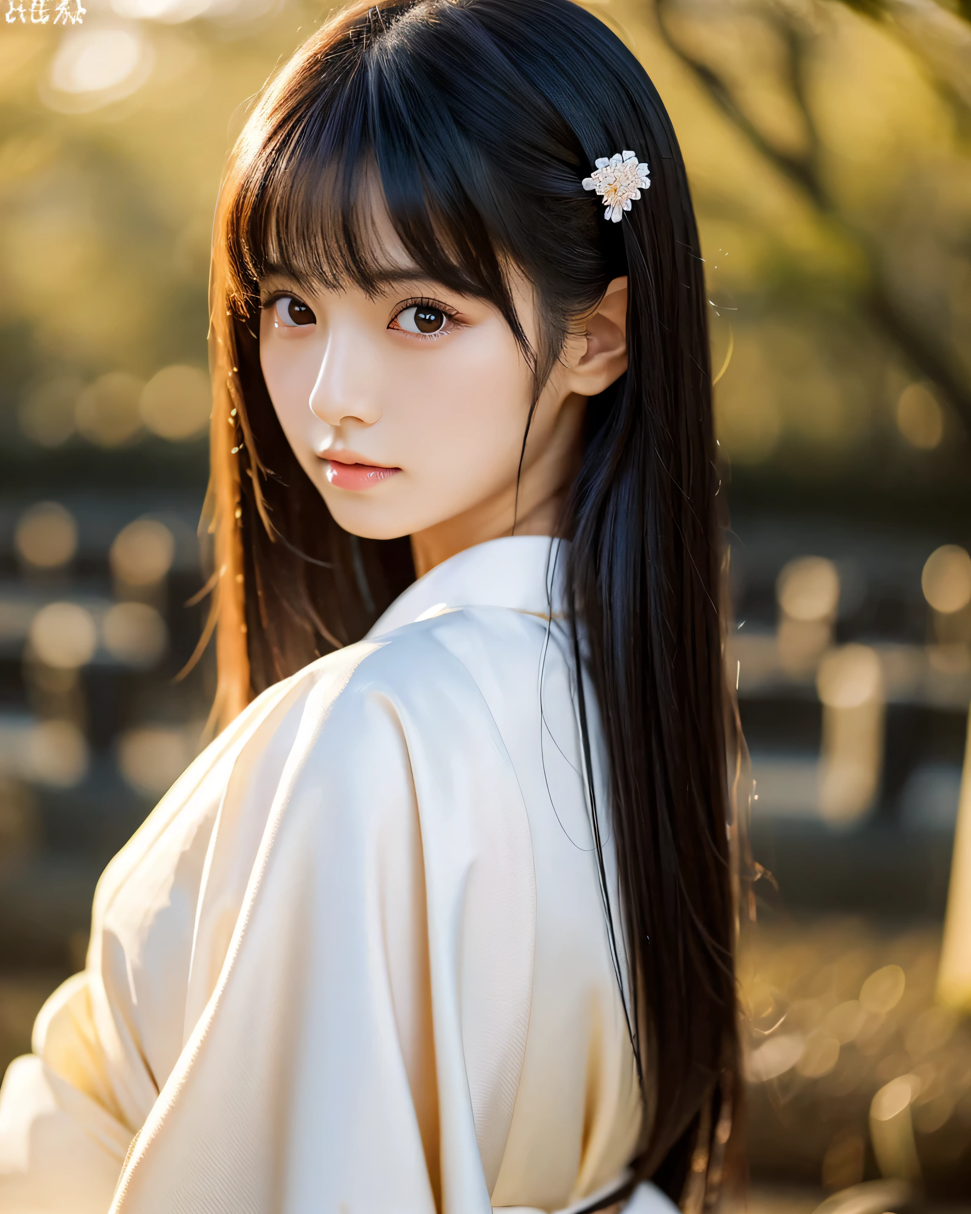 beautiful japanese girl　detailed beautiful eyes　smooth soft skin　fine black hair　long straight hair　（Simple kimono in white:1.5)　Japan Graveyard　（whole body:1.７） professional lighting