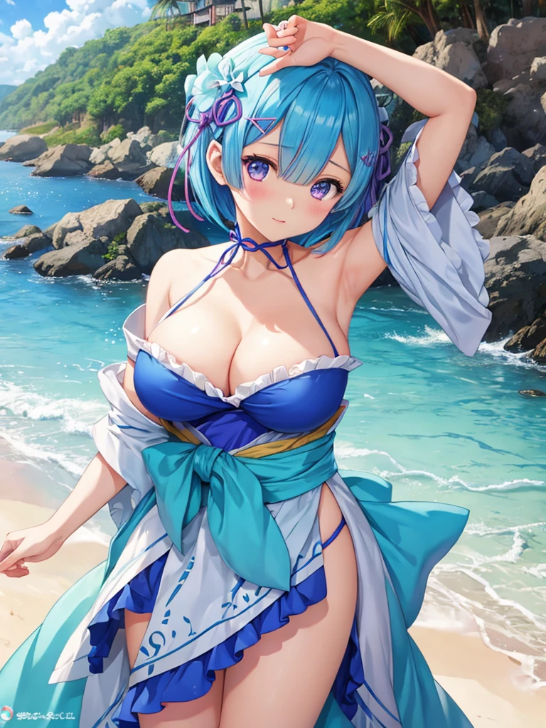 masterpiece, highest quality, Super detailed ,Rem,Re:zero,blue hair girl on the beach, cute face,cute,attractive女の子,short hair, beautiful girl. detailed digital art, smooth CG art, Japanese clothing,Ryukyu tribe,attractive女の子, armpit, cute pose, beautiful breasts,big breasts,attractive,