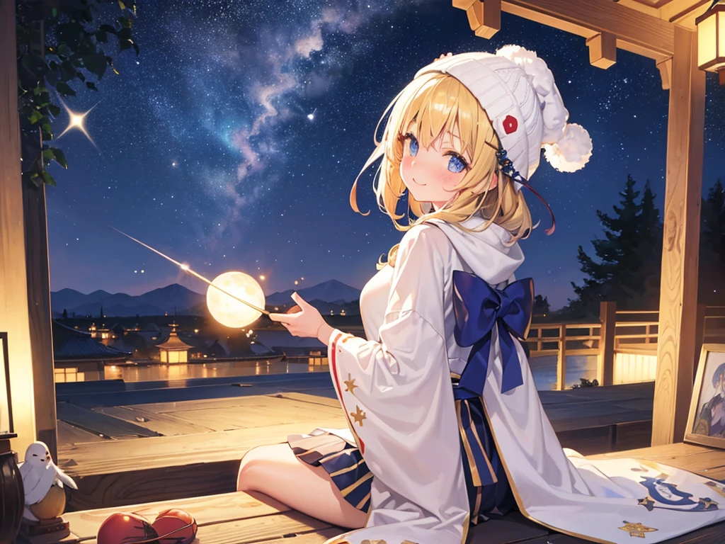 (masterpiece)++,(sweet illustration)+,detailed gradient eyes, outdoors, milky way galaxy, Beautiful scenery, Moonlight, high resolution, night view,
((1girl)), sitting, kimono, WHITE MUFFLER, CAPE, ROBE, (fluffy, beanie), from back, looking at viewer, medium bob, blonde hair, bun_head, shiny wavy hair, blue eyes, light smile, lens flare, Japanies Hairpin, kanzashi, braided bangs, cute, , -yo, sweaty hats, white breath, steam, shooting star,