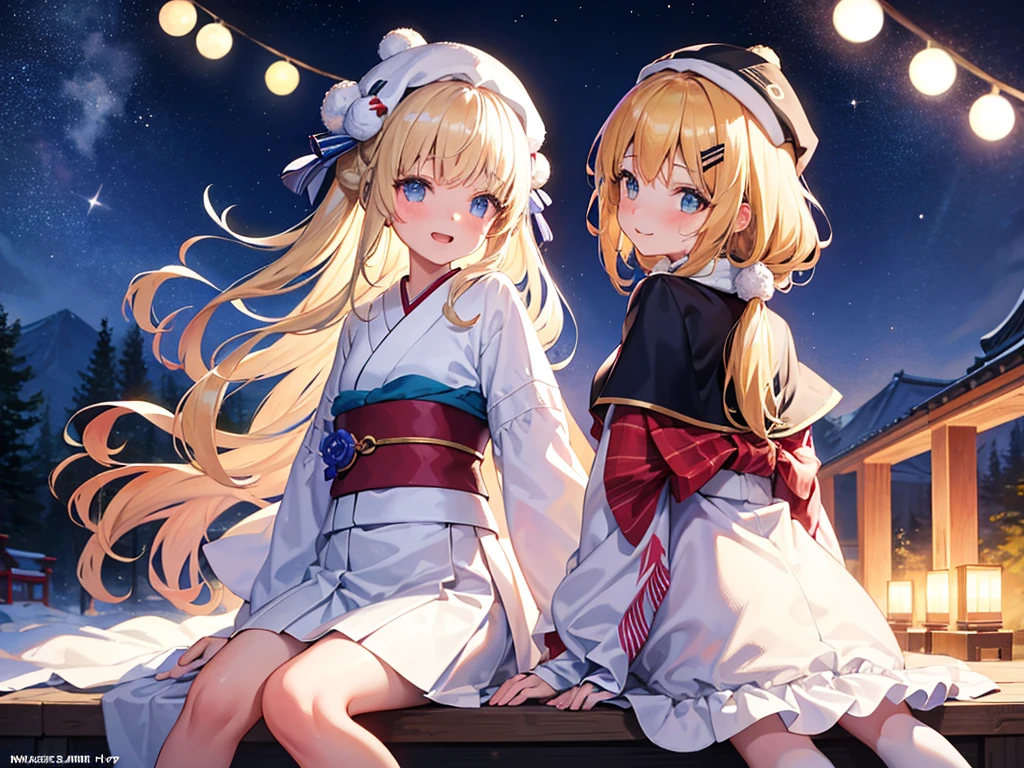 (masterpiece)++,(sweet illustration)+,detailed gradient eyes, outdoors, milky way galaxy, Beautiful scenery, Moonlight, high resolution, night view,
((1girl)), sitting, kimono, WHITE MUFFLER, CAPE, ROBE, (fluffy, beanie), from back, looking at viewer, medium bob, blonde hair, bun_head, shiny wavy hair, blue eyes, light smile, lens flare, Japanies Hairpin, kanzashi, braided bangs, cute, , -yo, sweaty hats, white breath, steam, shooting star,