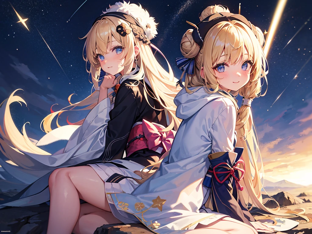 (masterpiece)++,(sweet illustration)+,detailed gradient eyes, outdoors, milky way galaxy, Beautiful scenery, Moonlight, high resolution, night view,
((1girl)), sitting, kimono, WHITE MUFFLER, CAPE, ROBE, (fluffy, beanie), from back, looking at viewer, medium bob, blonde hair, bun_head, shiny wavy hair, blue eyes, light smile, lens flare, Japanies Hairpin, kanzashi, braided bangs, cute, , 14-yo, , sweaty hats, white breath, steam, shooting star,