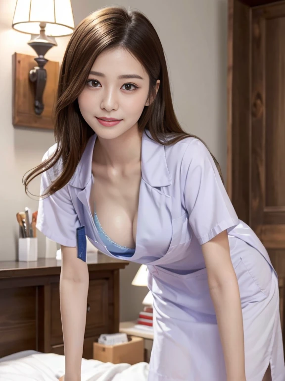 (highest quality、masterpiece:1.2)、super detailed、(photo-realistic:1.4)、Japanese、cute、25 years old、Angle of view from the side、large nurse uniform、downblouse, loose t-shirts, light_particle、Bright workplace、(leaning forward:1.5)、big breasts、valley、A little bra is visible