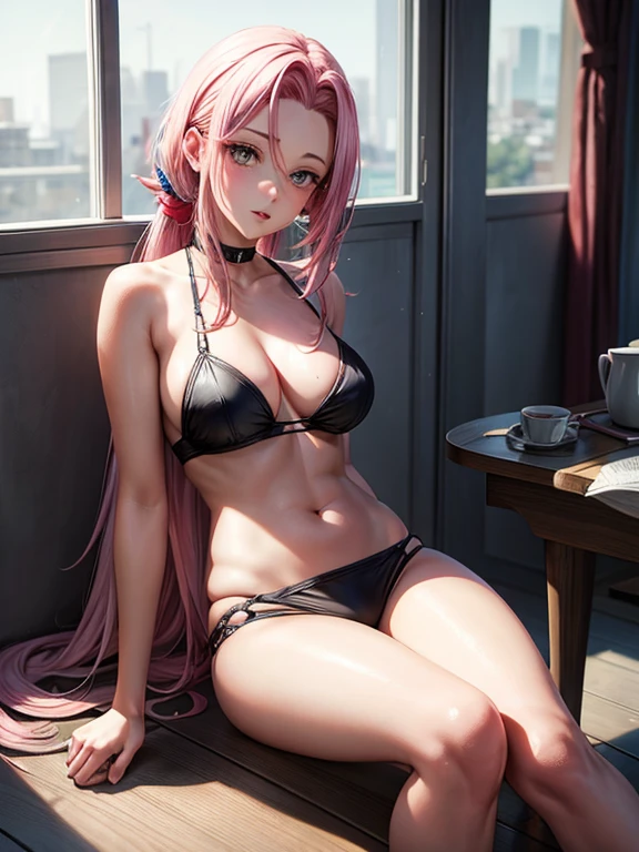 sakura haruno, cabello rosado, cabello corto, Axila, wet , in room, en la silla de estudio,