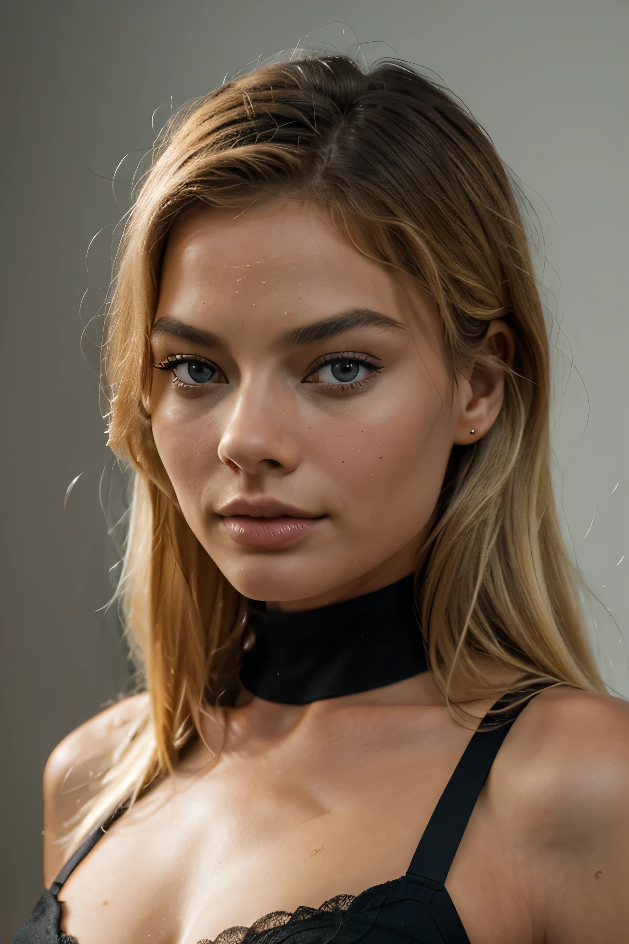Tanned model, with a very beautiful face like Margot Robbie , eyes Like Adriana Lima, eyes photorealistic, blue eyes, eyes open wide , looking fiercy, Blonde hair, extremely detailed, photorealistic, portrait foto, face foto only, cloes up , focalised face