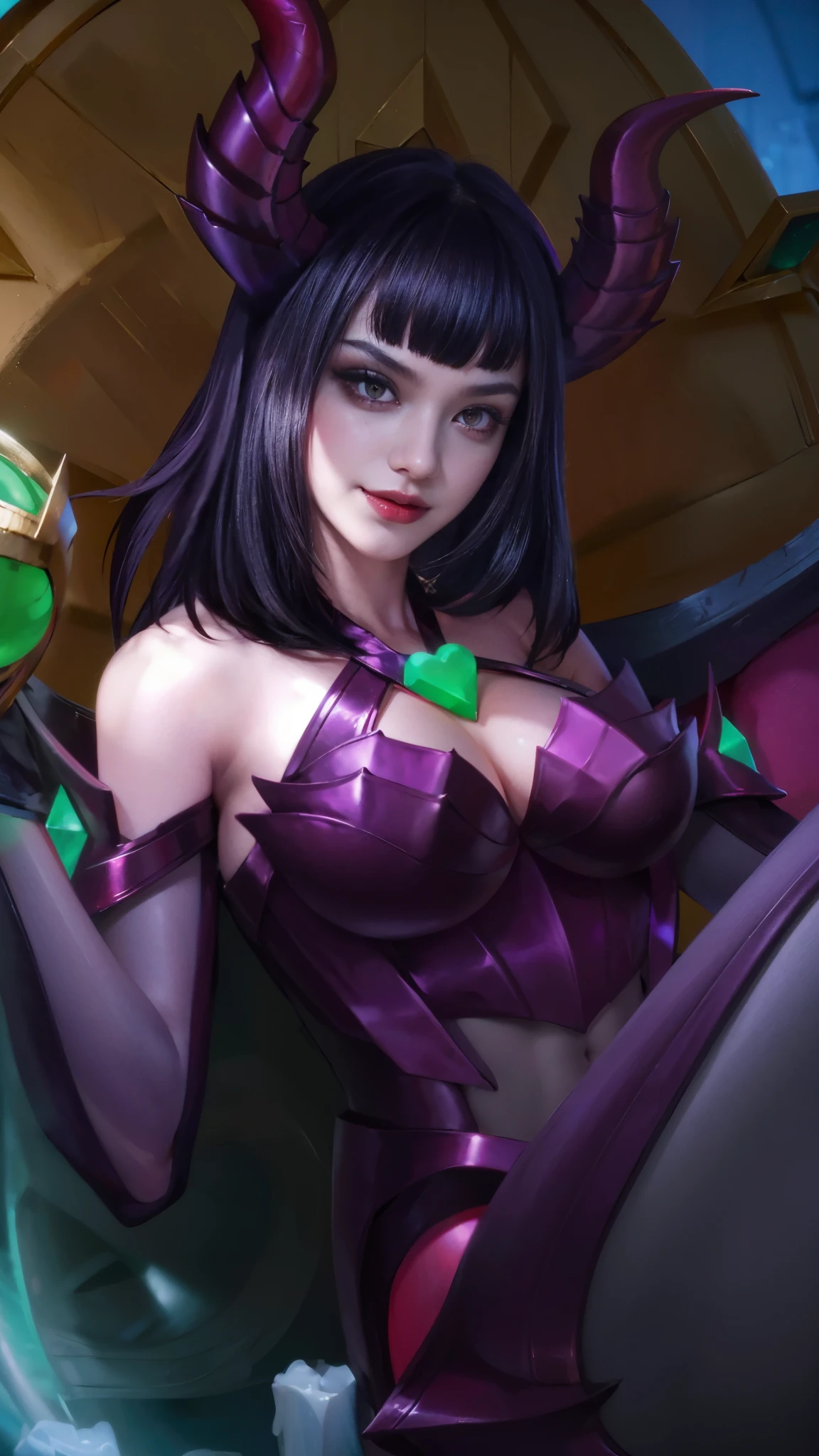 (female:1.2), 8k, ultra hd, ultra detailed texture, hyper realistic, masterpiece, detailed texture, detailed face, detailed skin, detailed lighting, (photorealistic:1.5), best quality, beautiful lighting, cinematic lighting, professional lighting, ultra highres, realistic, detailed hair, real hair, high quality, (realskin:1.5), extremely detailed, finely detail, ultra-detailed, 1girl, solo, floating, (red eyes:1.5), fire eyes, glowing eyes, black lips, v-shapped eyes, closed mouth, angry, colored skin, dark skin, purple skin, nose, pretty, beautiful, make up, cute face, evil smile, short hair, red hair bangs, large breasts, thigh, pauldrons, black pants, belt, purple coat, mechanical wings, armor shoulder, gloves, eudora \(mobile legends\), depth of field, looking aways, skin tight, amazing pose, glowing electric, lighting, blurry background