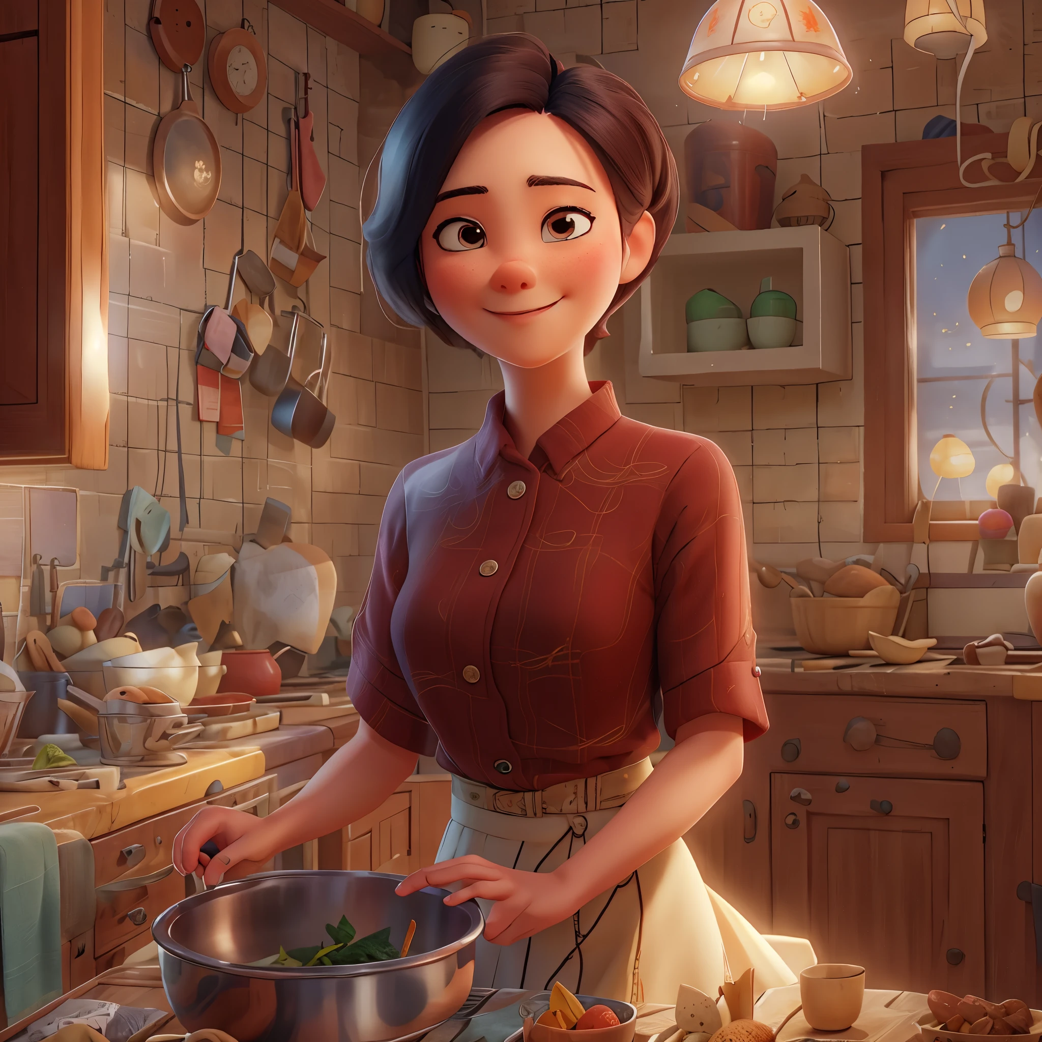 masterpiece, best quality, an asian woman,married woman,Gentle and beautiful mother,Short-cut hair of maroon color,housewife,In the kitchen,Pixar style, best quality,