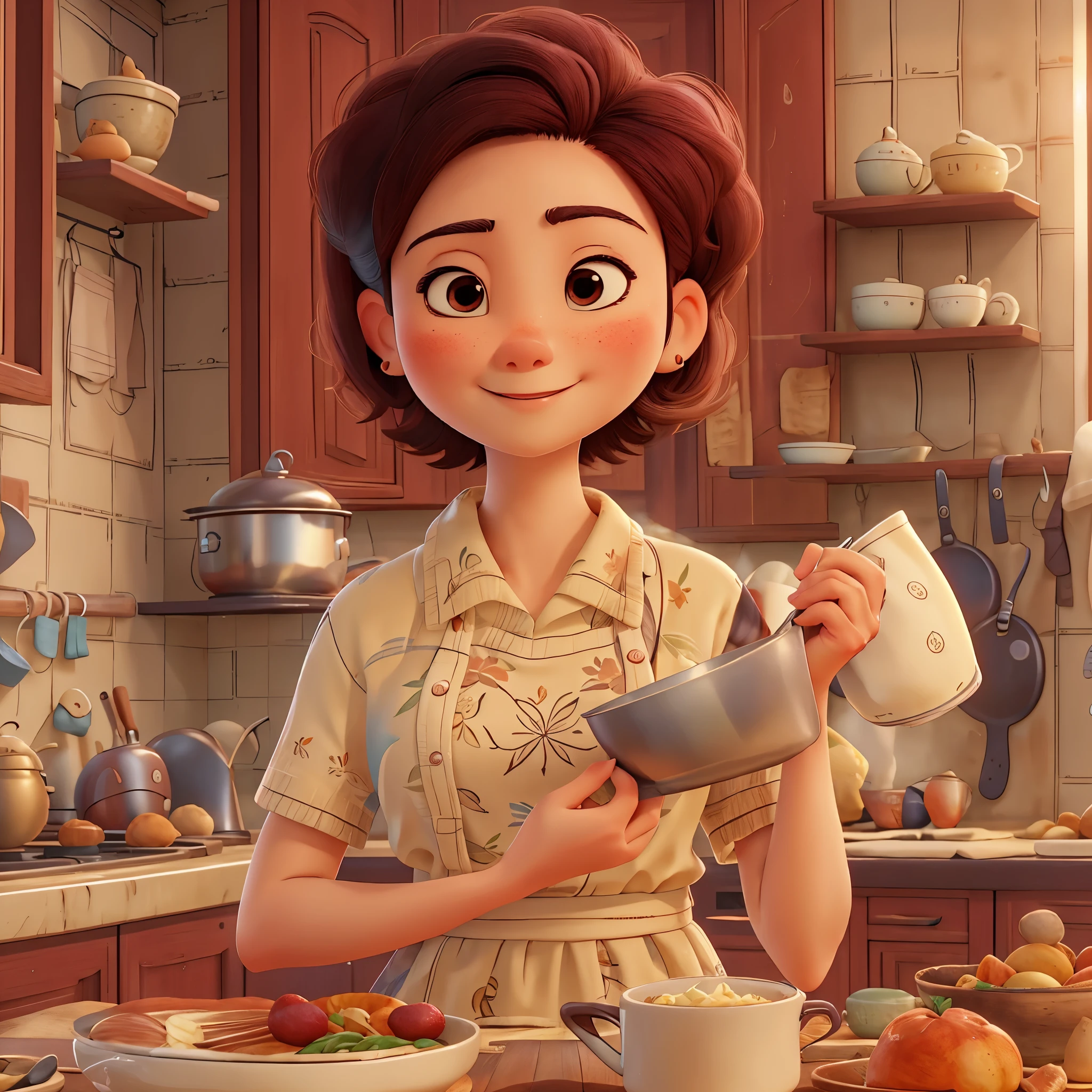 masterpiece, best quality, an asian woman,married woman,Gentle and beautiful mother,Short-cut hair of maroon color,housewife,In the kitchen,Pixar style, best quality,