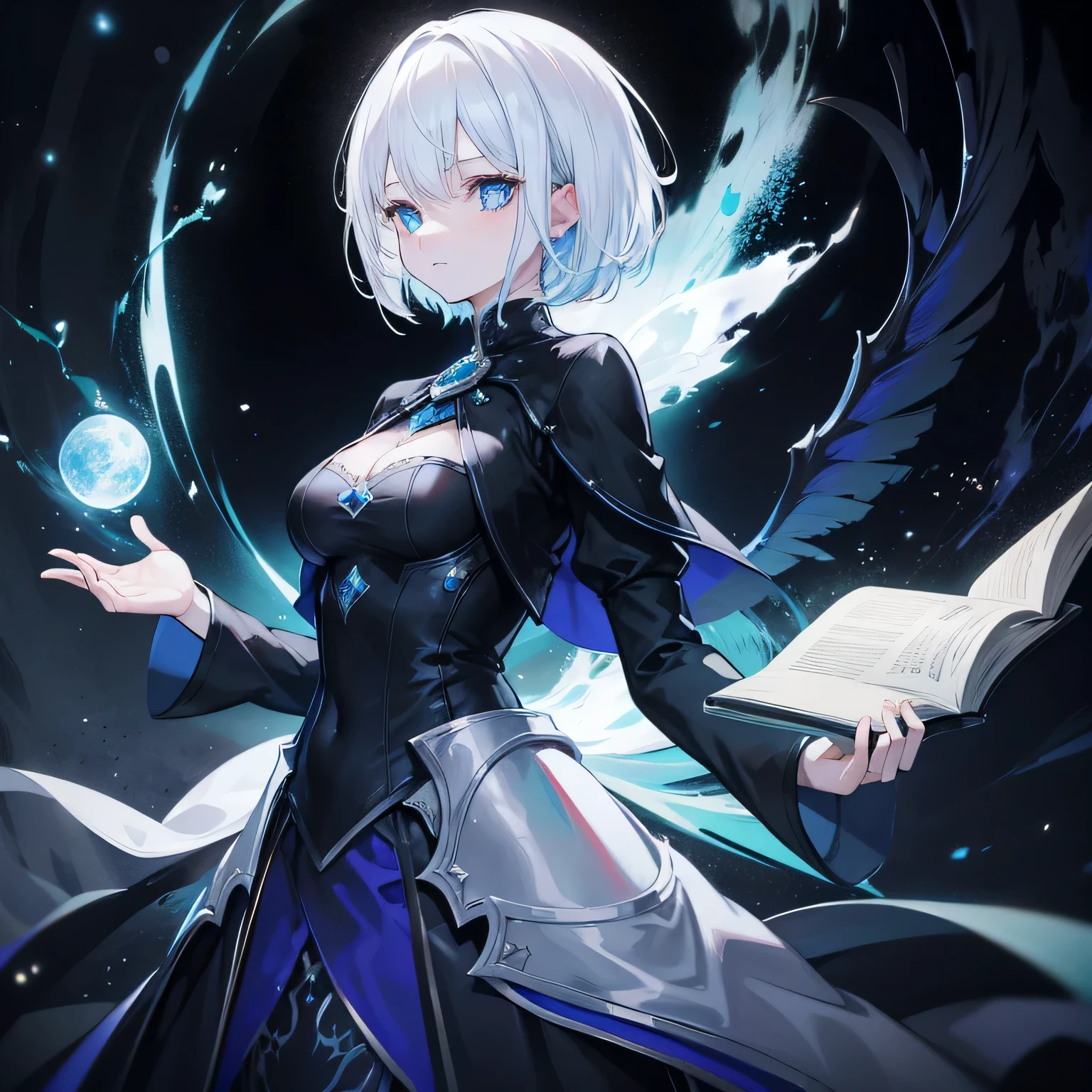 {[{{"Magnificent dark atmosphere, Being in a magical world, 4K artwork of a woman with white hair and sparkling blue eyes, short hair, Surrounded by spellbooks,Making magic."}]}}