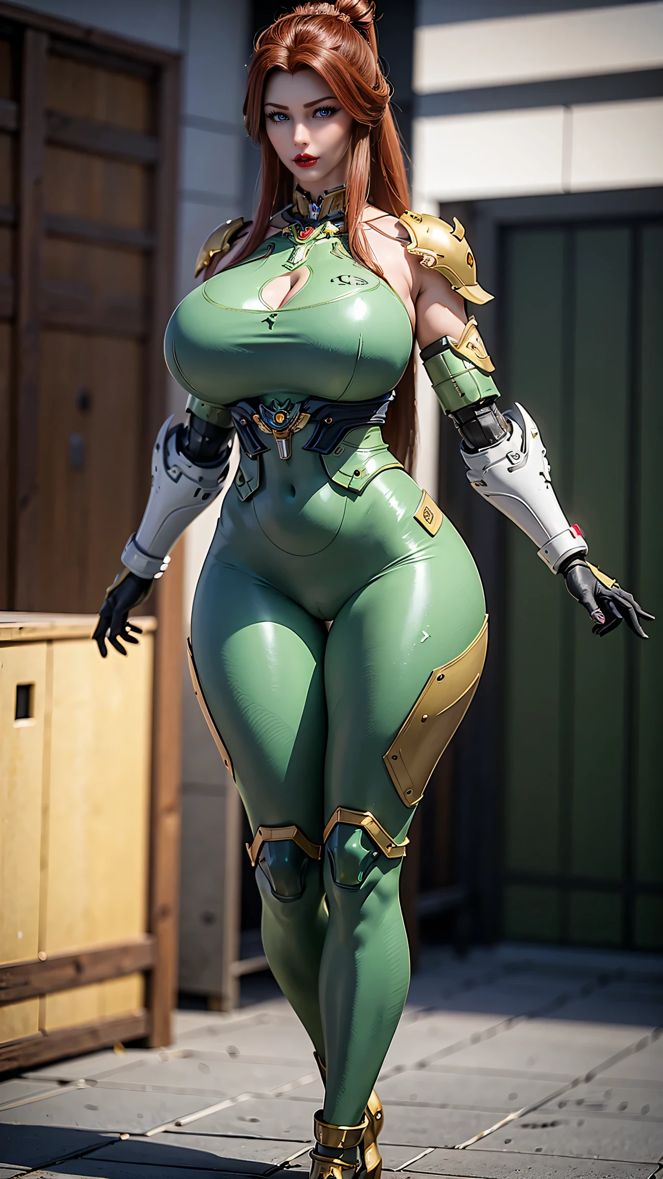 (1GIRL,ALONE:2), (super detailed face), ((mecha golden phoenix head:1)), (BIG BUTTOCKS, HUGE BREASTS:1.5), (CLEAVAGE TOP:1.5), (MUSCLE ABS:1.3), (MECHA GUARD ARM:1.4), ((WEAR GREEN MECHA OVERWATCH ARMORED SUIT, BLACK MECHA SKINTIGHT SUIT PANTS, MECHA GUARD ARMOR LEGS, HIGH HEELS:1.7)), (MUSCULAR FEMALE BODY:1.3), (GLOWING SKIN:0.8), (SEXY LONG LEGS, FULL BODY:1.1), (LOOKING AT VIEWER:1.3), (female focus:0.886), (WALKING DOWN HALLWAY OF FUTURISTIC SPACE STATION:1), (BRIGHT LIGHT WHITEROOM:1.3), SUPER TEXTURE, UNREAL ENGINE RENDER, PHYSICALLY-BASED RENDERING, ULTRA HIGHT DEFINITION, 16K, 1080P.