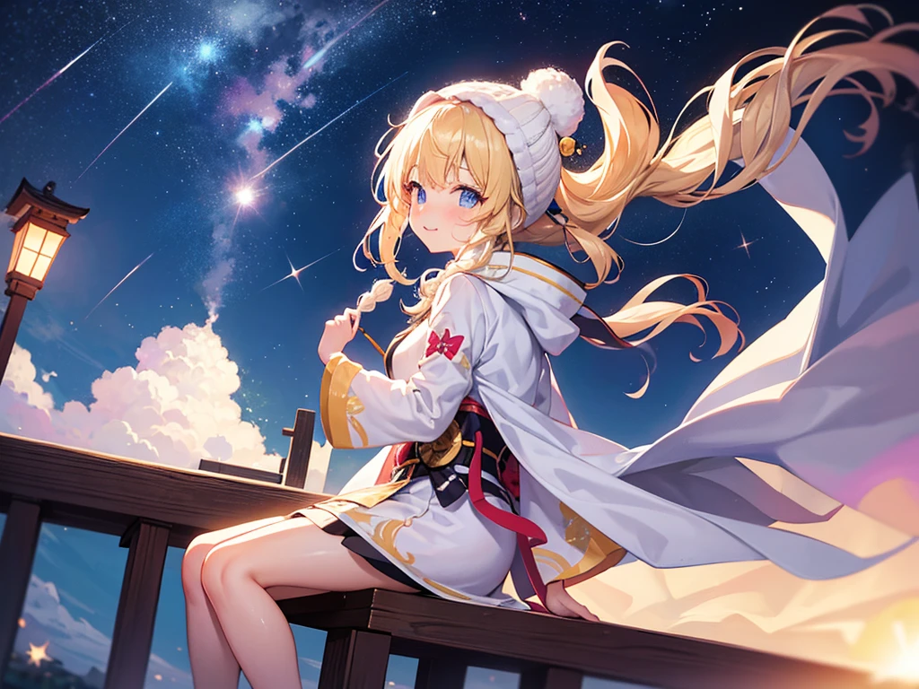 (masterpiece)++,(sweet illustration)+,detailed gradient eyes, outdoors, milky way galaxy, Beautiful scenery, Moonlight, high resolution, night view,
((1girl)), sitting in the crescent moon, kimono, WHITE MUFFLER, CAPE, ROBE, (fluffy, beanie), from back, looking at viewer, medium bob, blonde hair, bun_head, shiny wavy hair, blue eyes, light smile, lens flare, Japanies Hairpin, kanzashi, braided bangs, cute, , 14-yo, , sweaty hats, white breath, steam, shooting star,