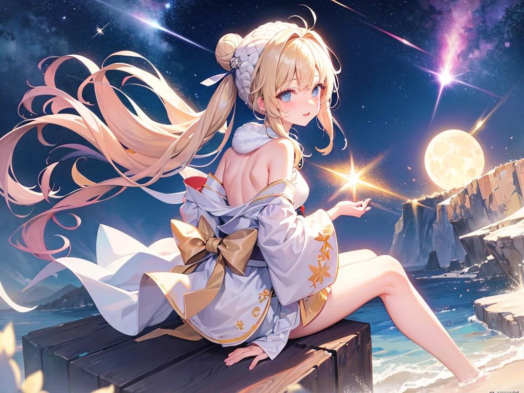 (masterpiece)++,(sweet illustration)+,detailed gradient eyes, outdoors, milky way galaxy, Beautiful scenery, Moonlight, high resolution, night view,
((1girl)), sitting in the crescent moon, kimono, WHITE MUFFLER, CAPE, ROBE, (fluffy, beanie), from back, looking at viewer, medium bob, blonde hair, bun_head, shiny wavy hair, blue eyes, light smile, lens flare, Japanies Hairpin, kanzashi, braided bangs, cute, , 14-yo, , sweaty hats, white breath, steam, shooting star,