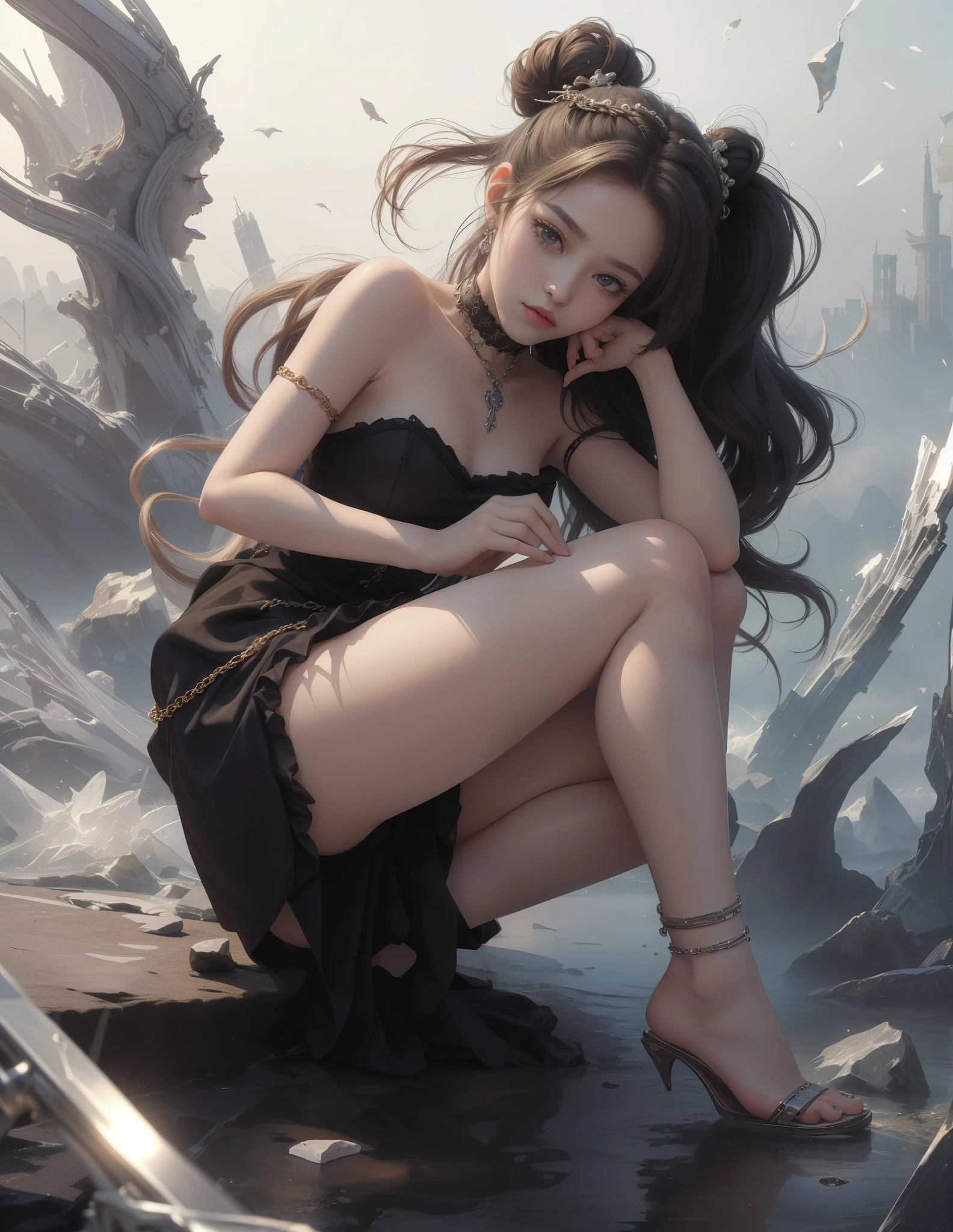 masterpiece,Highest image quality,Beautiful sister kneeling portrait,Exquisite high bun hairstyle,black stockings,Decorated with a range of metal chokers and anklets,Ultra-detailed details,advanced。At the Pixiv Art Station,Break your own power,(point you by ass),Obscenity exposed,R-18G