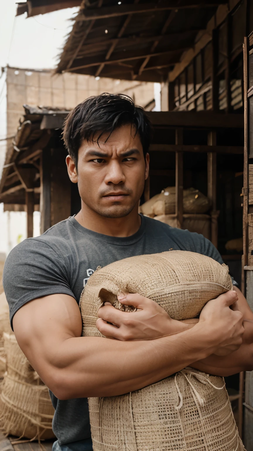 Man lifting 10 sacks of rice with an angry look on his face, photos, realistic, best quality