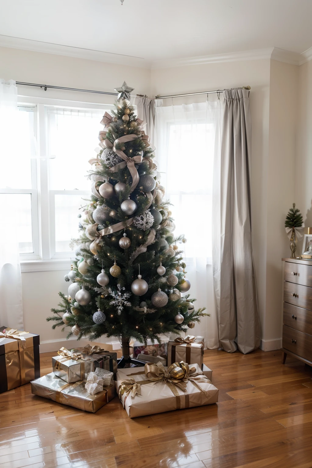 New Year&#39;s photo zone in a professional photo studio without windows, huge Christmas tree in the center, there are silver balls and shiny tinsel on the tree, bright holiday boxes of different colors lie around the tree, bright white photo studio with a lot of garlands, photorealism, soft light, Lower angle, Without people