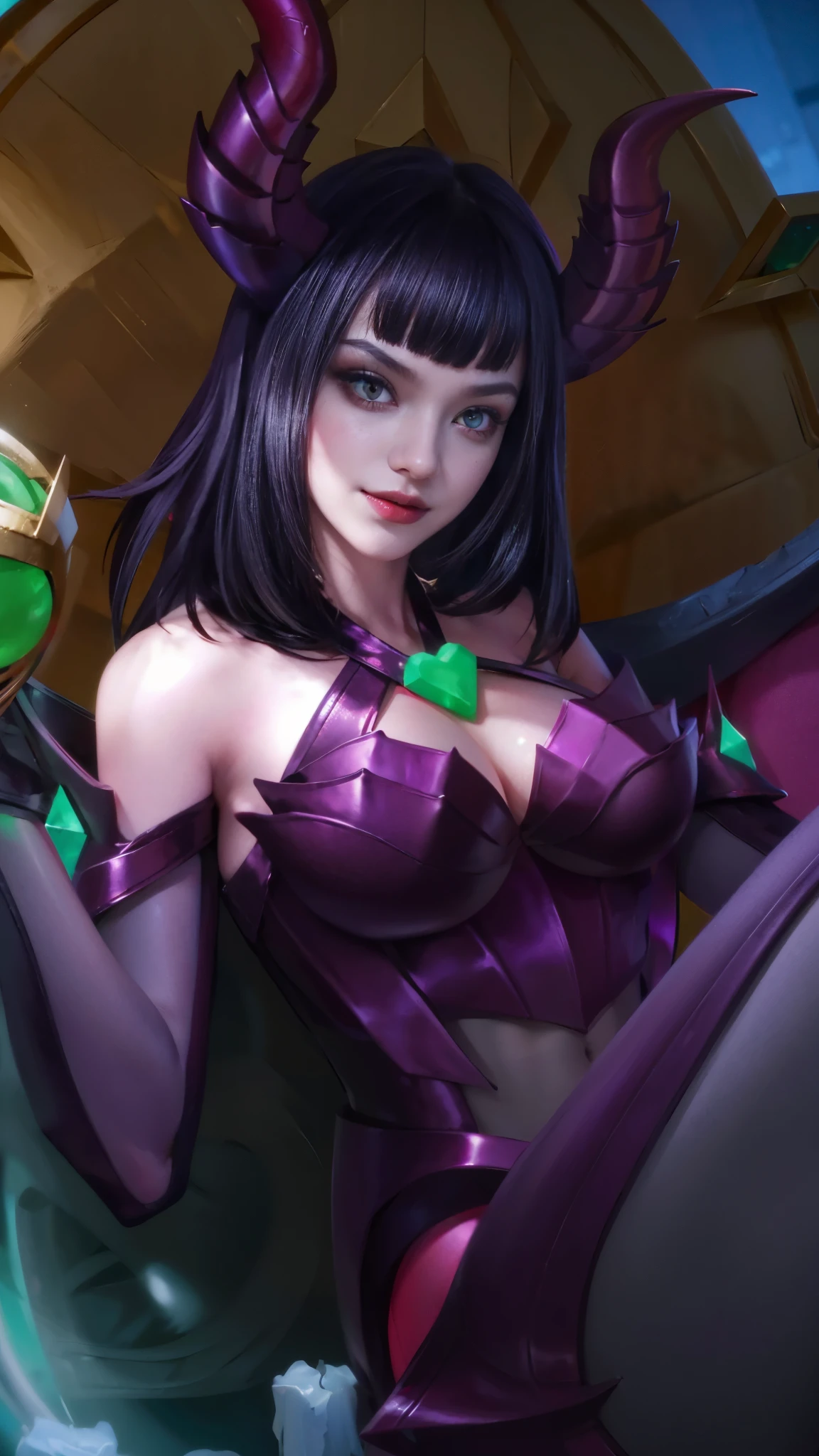 (female:1.2), 8k, ultra hd, ultra detailed texture, hyper realistic, masterpiece, detailed texture, detailed face, detailed skin, detailed lighting, (photorealistic:1.5), best quality, beautiful lighting, cinematic lighting, professional lighting, ultra highres, realistic, detailed hair, real hair, high quality, (realskin:1.5), extremely detailed, finely detail, ultra-detailed, 1girl, solo, floating, (red eyes:1.5), fire eyes, glowing eyes, black lips, v-shapped eyes, closed mouth, angry, colored skin, dark skin, purple skin, nose, pretty, beautiful, make up, cute face, evil smile, short hair, red hair bangs, large breasts, thigh, pauldrons, black pants, belt, purple coat, mechanical wings, armor shoulder, gloves, eudora \(mobile legends\), depth of field, looking aways, skin tight, amazing pose, glowing electric, lighting, blurry background