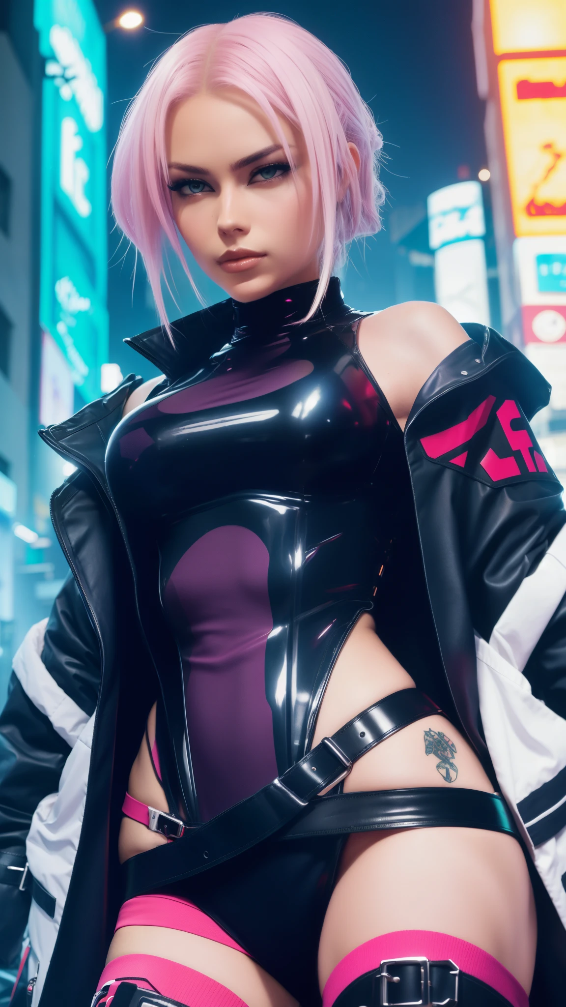 shadowrun, 1girl as solo handsome cyberpunk female model emmanorts for balenciaga, Tough, savage, Intimidating, Wearing a luxurious balenciaga dress, Tattoos are, (torso shot), smokes. Stand in the middle of the street