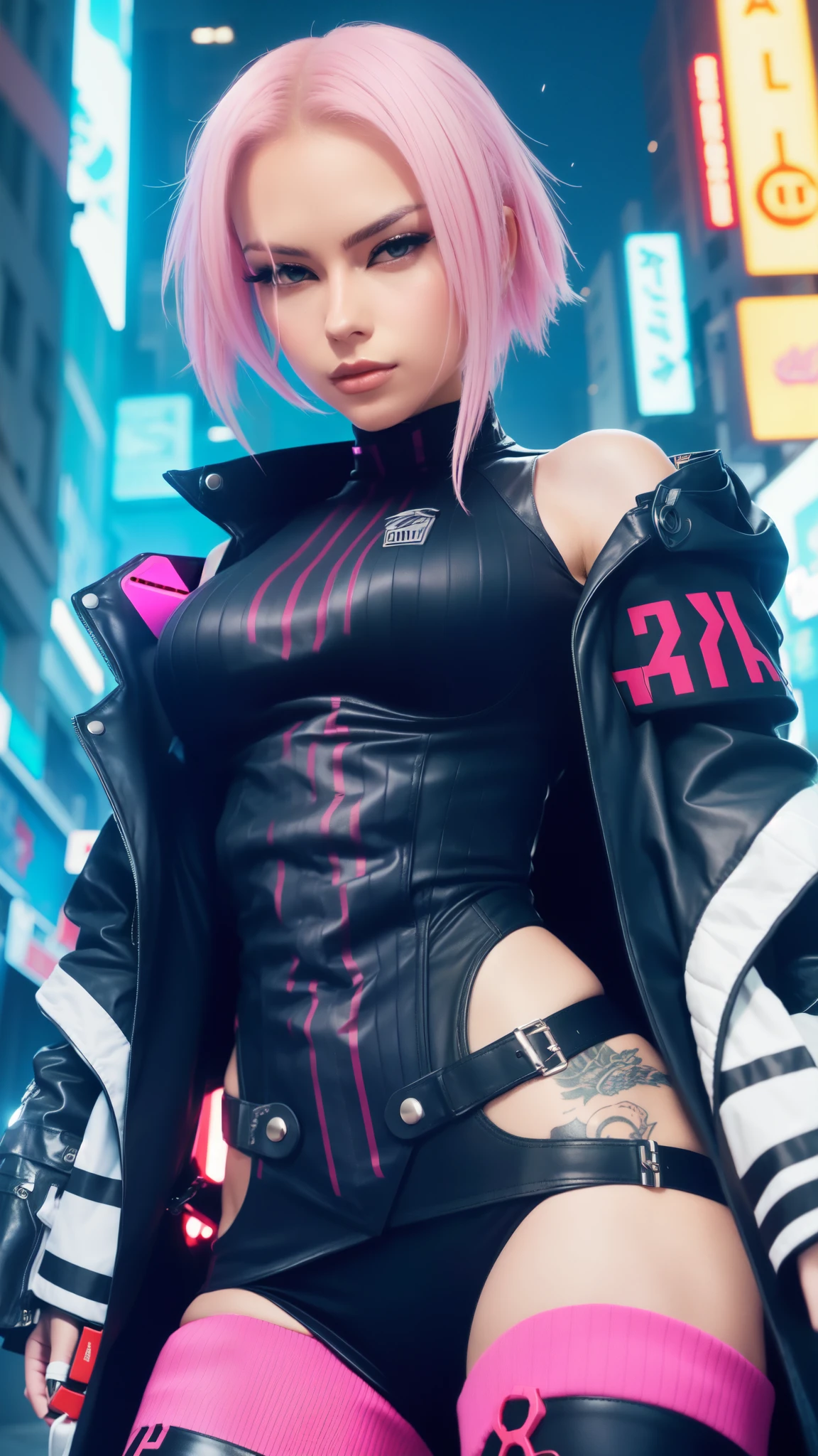 shadowrun, 1girl as solo handsome cyberpunk female model emmanorts for balenciaga, Tough, savage, Intimidating, Wearing a luxurious balenciaga dress, Tattoos are, (torso shot), smokes. Stand in the middle of the street