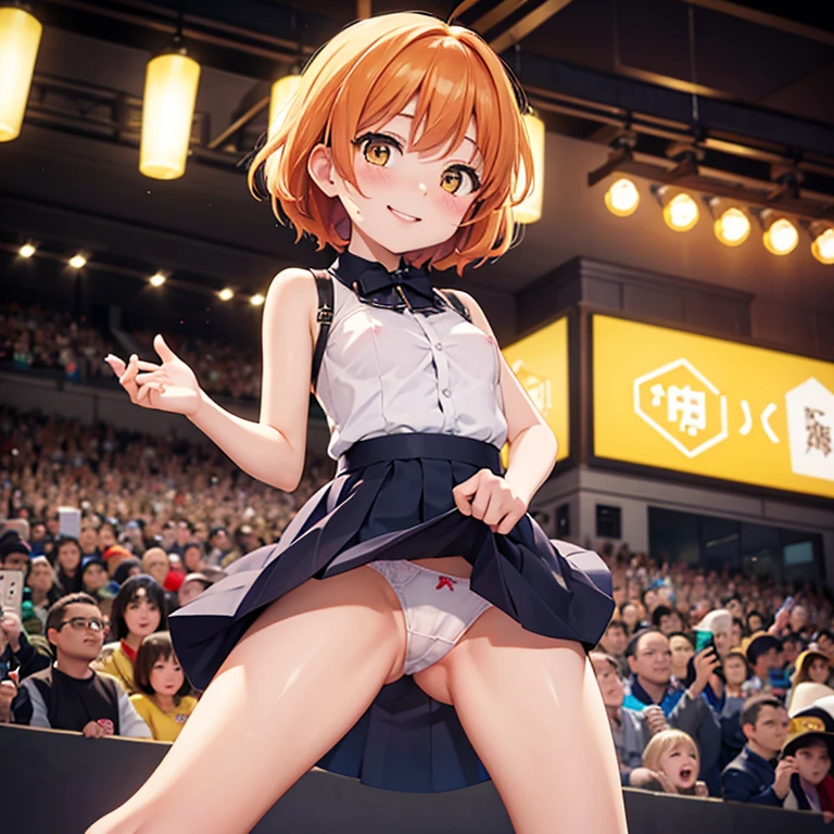 1girl solo hoshizora rin orange hair yellow eyes short hair,nsfw,,7years old,shirt lift,smile,studio,idol costume,mini skirt,panty / upskirt,crowd,skirt lift,show off nipple,cum on body / bukkake,Photo session with fans,taken by a fan,Idle Posing,color々Angle,leaning forward,spread pussy