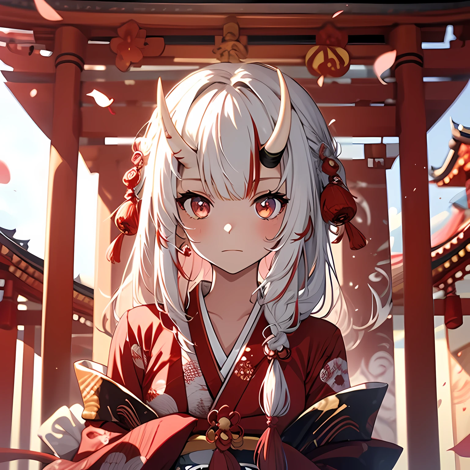 Red and white kimono, Cherry blossoms, falling petals, temple shrine background, Day time setting, alone, 1 girl, Individual individuals, looking at the audience, white hair, pink eyes, them trumpet, them_trumpet, Japanese cartoons_them_trumpet, Oiran