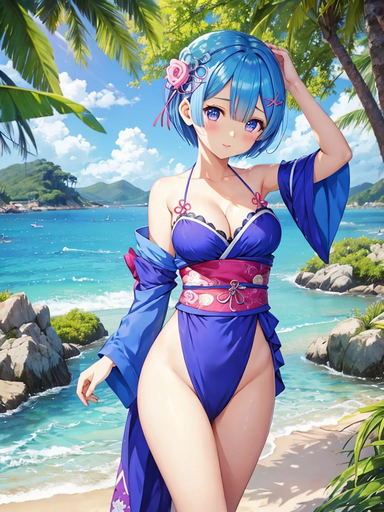 masterpiece, highest quality, Super detailed ,Rem,Re:zero,blue hair girl on the beach, cute face,cute,attractive女の子,short hair, beautiful girl. detailed digital art, smooth CG art, Japanese clothing,Ryukyu tribe,attractive女の子, armpit, cute pose, beautiful breasts,big breasts,attractive,