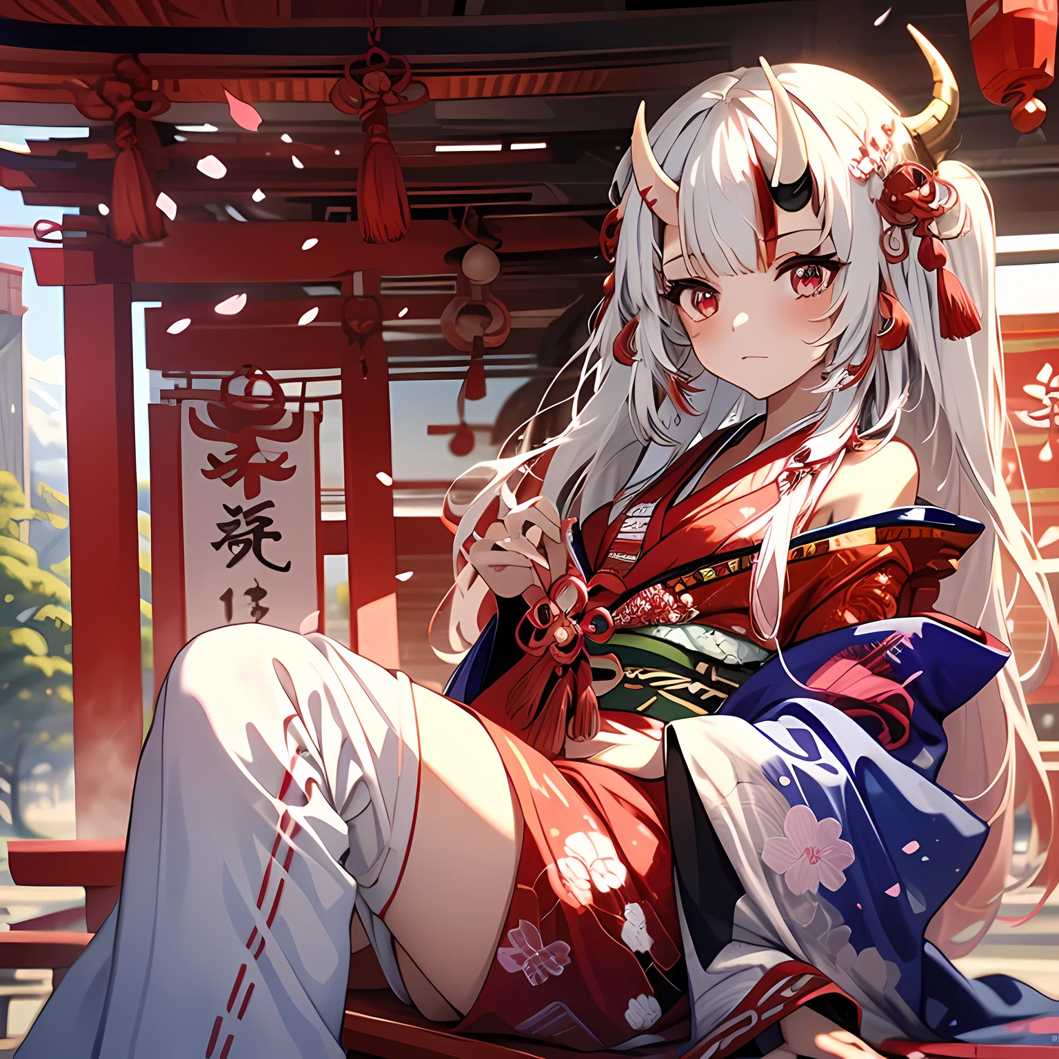 Red and white kimono, Cherry blossoms, falling petals, temple shrine background, Day time setting, alone, 1 girl, Individual individuals, looking at the audience, white hair, pink eyes, them trumpet, them_trumpet, Japanese cartoons_them_trumpet, Oiran
