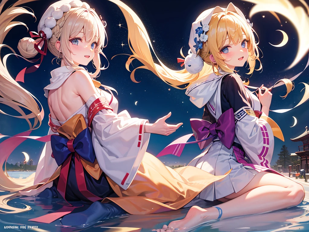 (masterpiece)++,(sweet illustration)+,detailed gradient eyes, outdoors, milky way galaxy, Beautiful scenery, Moonlight, high resolution, night view, 
((1girl)), sitting in the crescent moon, kimono, WHITE MUFFLER, CAPE, ROBE, (fluffy, beanie), from back, looking at viewer, medium bob, blonde hair, bun_head, shiny wavy hair, blue eyes, light smile, lens flare, Japanies Hairpin, kanzashi, braided bangs, cute, , 14-yo, , sweaty hats, white breath, steam, shooting star,