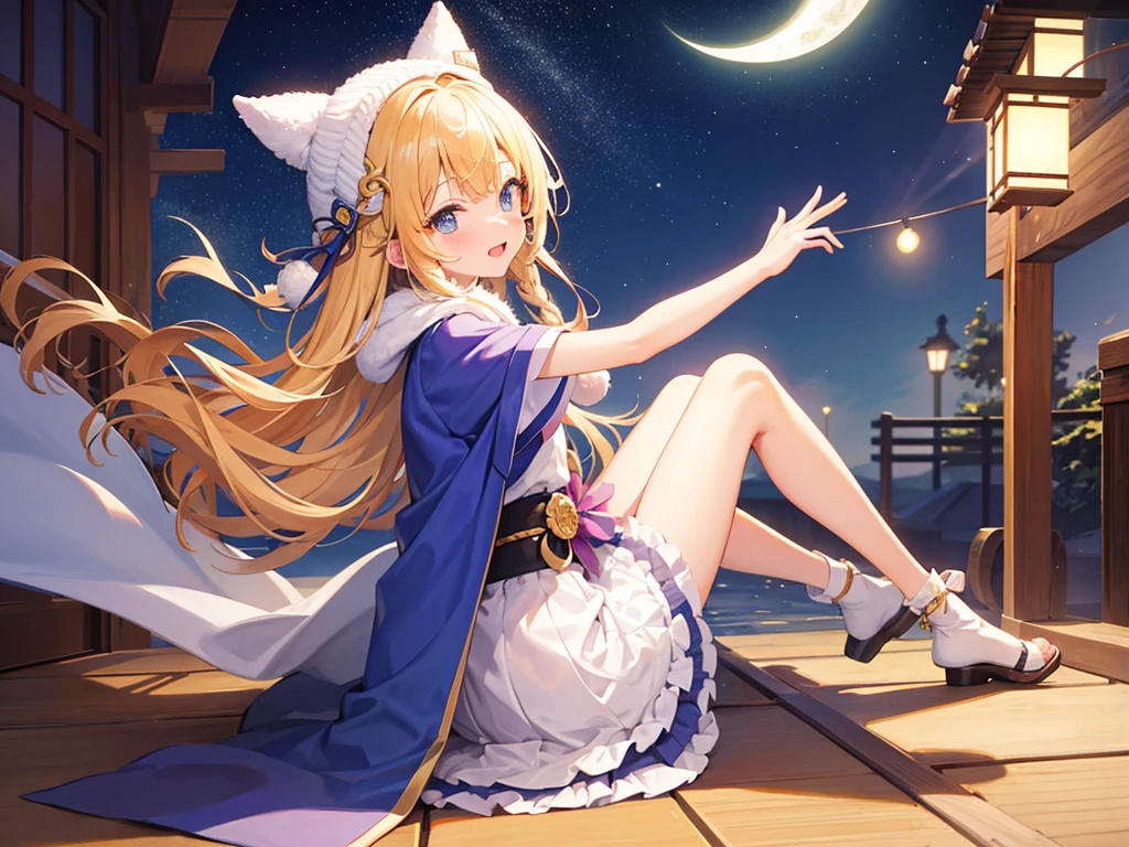 masutepiece,Best Quality,ultra-detailliert,Two hands,Two legs,Five Fingers,best faces,1 girl,a blond,The long-haired,cat hood,Blue Hoodie,Moe Sleeve,White cat pin badge on hood,Dark blue mini skirt,Black stockings,Guess the face