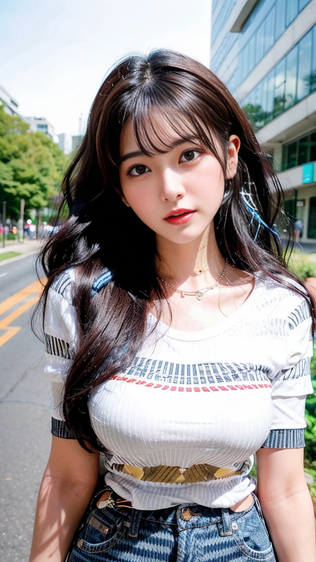 Canon RF85mm f/1.2,masterpiece,best quality,ultra highres,1 girl,(korean mixed,kpop idol:1.2),solo,shiny_skin,very white skin,black eyes,necklace,brown hair,red lips,long hair,eyelashes,wavy hair,bangs,make-up,shiny lips,shiny,Pore,skin texture,jewelry,bracelet,big breasts,((Striped_tee:1.5),(Skinny jeans:1.4),(Urban_park_background:1.3))