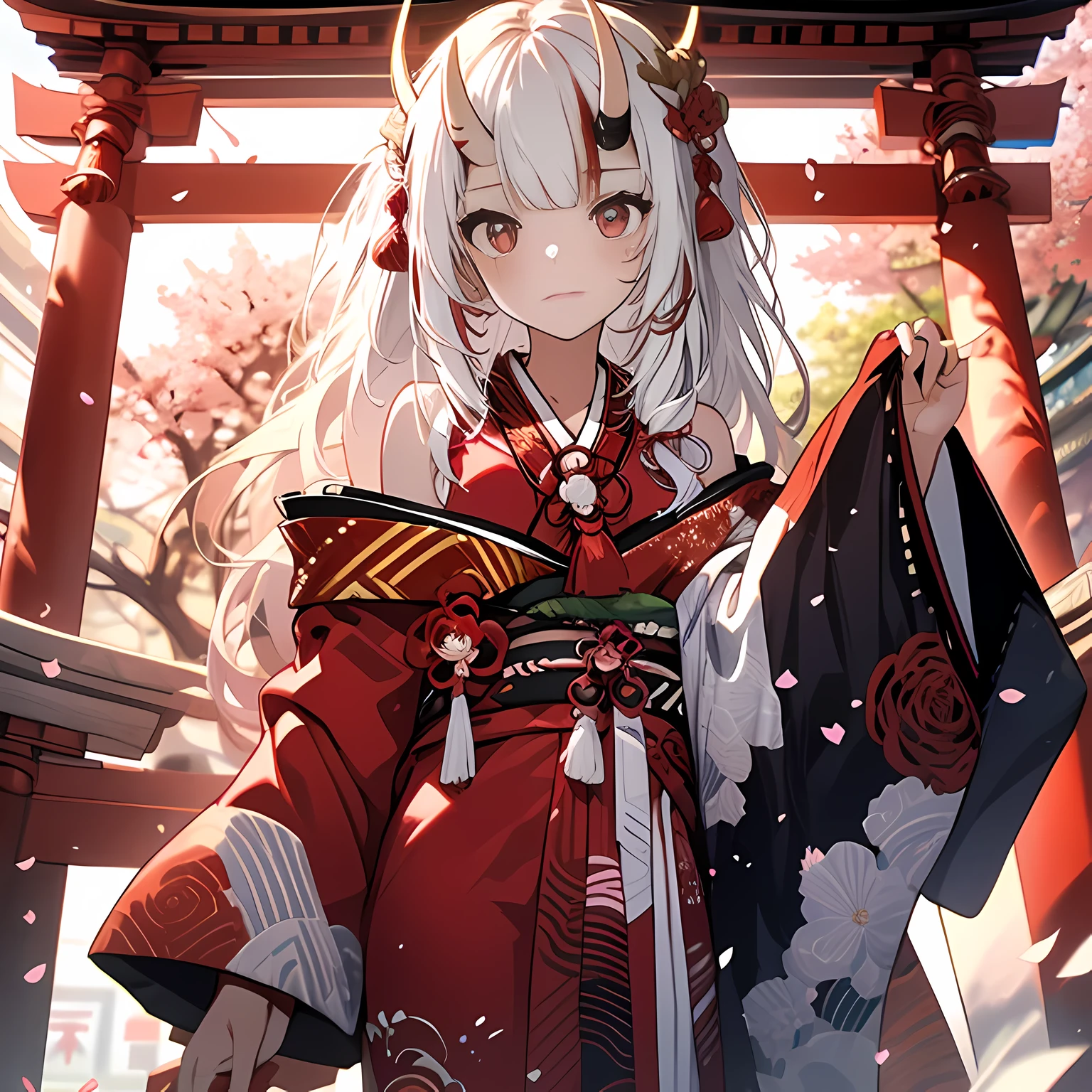 Red and white kimono, Cherry blossoms, falling petals, temple shrine background, Day time setting, alone, 1 girl, Individual individuals, looking at the audience, white hair, pink eyes, them trumpet, them_trumpet, Japanese cartoons_them_trumpet, Oiran