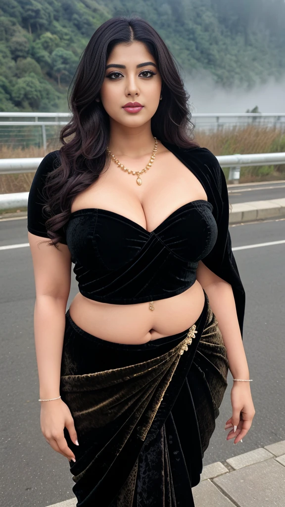 Srabanti Chatterjee bengali actress beautiful actress sexy curvy plus size model woman in a black velvet saree in picture, manga mala necklace ornament in necklace for wedding, Head Jewelry for wedding, busty, small curvy , mid body shot, she has a jiggly fat round belly, thick body, foggy weather in hill area background.
