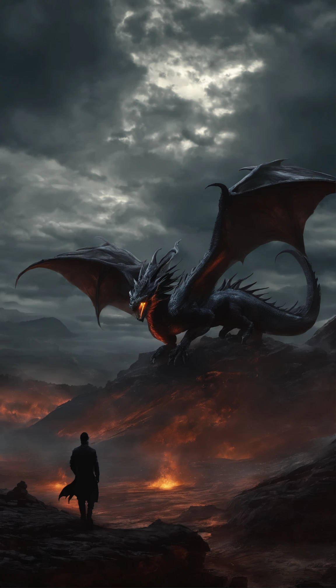 dark dragon,fire-breathing,geographic data,detailed photography style,hyper realism,The dragon's scales,exquisite details,sharp focus,Bright colors,fiery eyes,majestic wings,eerie atmosphere,night setting,rainbow colors,small details,dragon&#39;s breath,Huge creatures,mystery and power,creepy and fascinating,Huge claws,Majestic presence,fire and smoke,Mythical beast,dramatic lighting,terrifying beauty,imaginative landscape,Spooky Shadows,magical aura,Dark and atmospheric,Ominous landscape,dynamic composition,epic scale details,hall々and the figure,stormy sky,exquisite realism,epic scene,enchanting and haunted,fantastic shine,impressive texture,hall々and intimidating,dramatic contrast,existence of another world,an awe-inspiring sight
