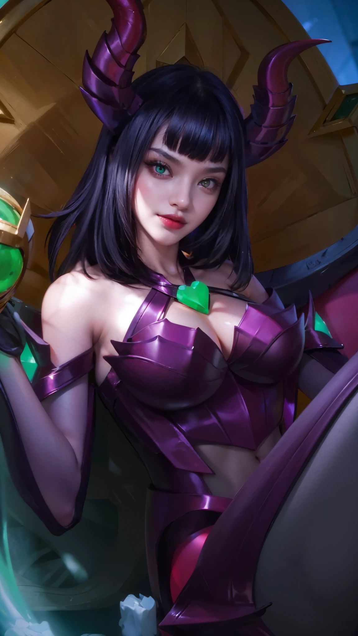 (female:1.2), 8k, ultra hd, ultra detailed texture, hyper realistic, masterpiece, detailed texture, detailed face, detailed skin, detailed lighting, (photorealistic:1.5), best quality, beautiful lighting, cinematic lighting, professional lighting, ultra highres, realistic, detailed hair, real hair, high quality, (realskin:1.5), extremely detailed, finely detail, ultra-detailed, 1girl, solo, floating, (red eyes:1.5), fire eyes, glowing eyes, black lips, v-shapped eyes, closed mouth, angry, colored skin, dark skin, purple skin, nose, pretty, beautiful, make up, cute face, evil smile, short hair, red hair bangs, large breasts, thigh, pauldrons, black pants, belt, purple coat, mechanical wings, armor shoulder, gloves, eudora \(mobile legends\), depth of field, looking aways, skin tight, amazing pose, glowing electric, lighting, blurry background