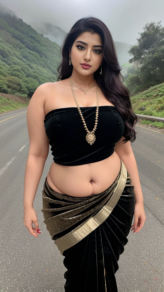 Srabanti Chatterjee bengali actress beautiful actress sexy curvy plus size model woman in a black velvet saree in picture, manga mala necklace ornament in necklace for wedding, Head Jewelry for wedding, busty, small curvy , mid body shot, she has a jiggly fat round belly, thick body, foggy weather in hill area background.