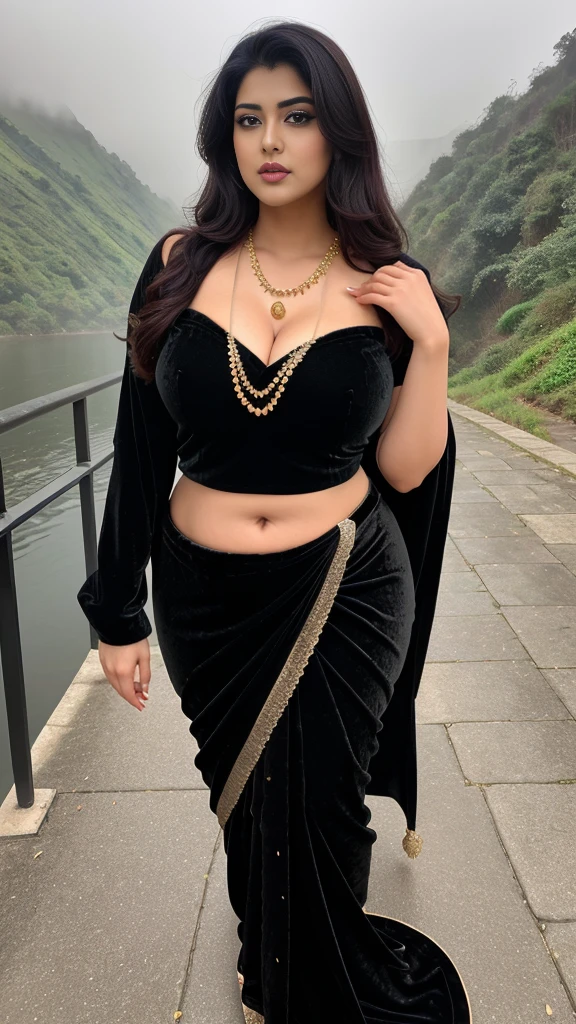 Srabanti Chatterjee bengali actress beautiful actress sexy curvy plus size model woman in a black velvet saree in picture, manga mala necklace ornament in necklace for wedding, Head Jewelry for wedding, busty, small curvy , mid body shot, she has a jiggly fat round belly, thick body, foggy weather in hill area background.