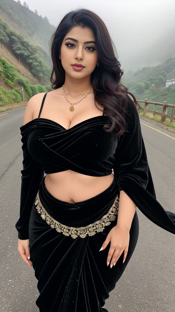 Srabanti Chatterjee bengali actress beautiful actress sexy curvy plus size model woman in a black velvet saree in picture, manga mala necklace ornament in necklace for wedding, Head Jewelry for wedding, busty, small curvy , mid body shot, she has a jiggly fat round belly, thick body, foggy weather in hill area background.