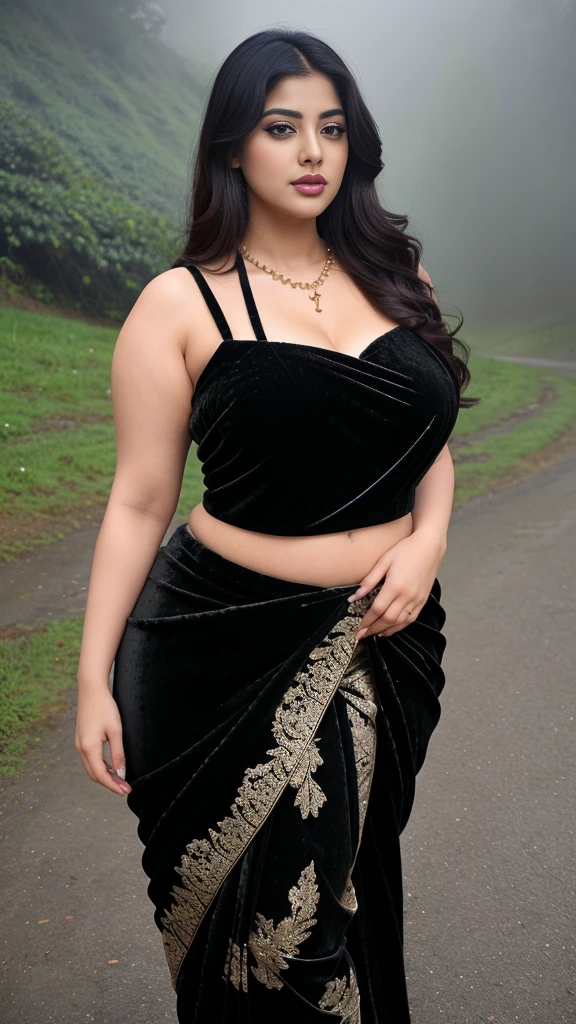 Srabanti Chatterjee bengali actress beautiful actress sexy curvy plus size model woman in a black velvet saree in picture, manga mala necklace ornament in necklace for wedding, Head Jewelry for wedding, busty, small curvy , mid body shot, she has a jiggly fat round belly, thick body, foggy weather in hill area background.