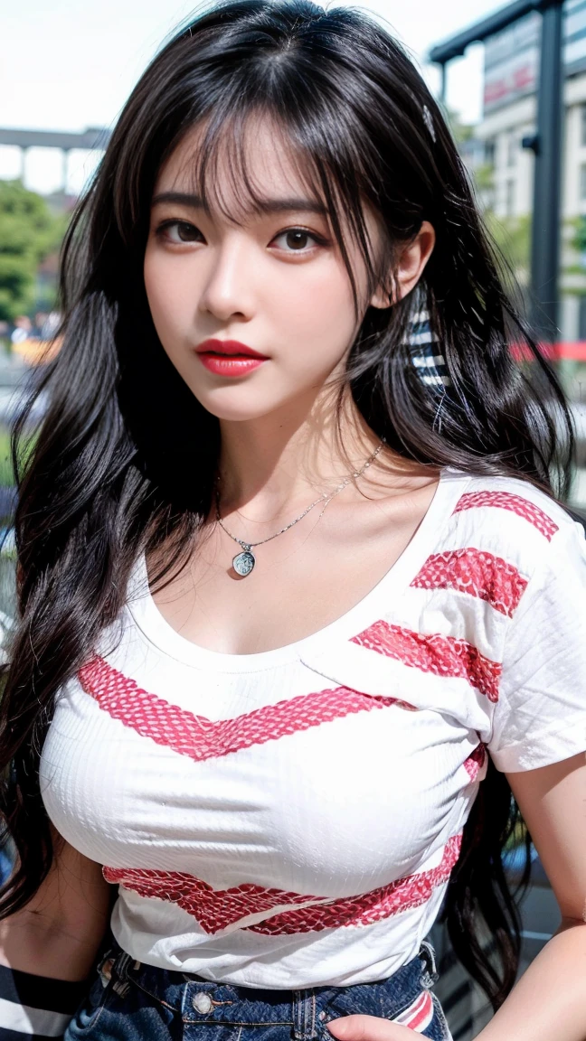 Canon RF85mm f/1.2,masterpiece,best quality,ultra highres,1 girl,(korean mixed,kpop idol:1.2),solo,shiny_skin,very white skin,black eyes,necklace,brown hair,red lips,long hair,eyelashes,wavy hair,bangs,make-up,shiny lips,shiny,Pore,skin texture,jewelry,bracelet,big breasts,((Striped_tee:1.5),(Skinny jeans:1.4),(Urban_park_background:1.3))