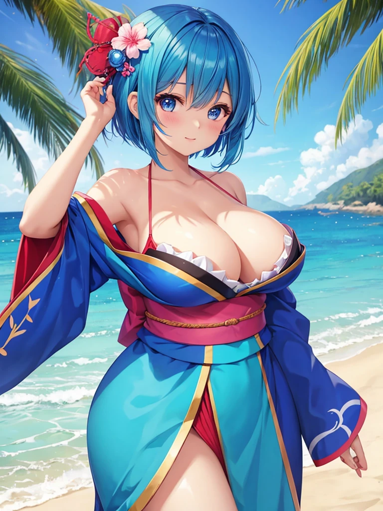 masterpiece, highest quality, Super detailed ,Againm,Again:zero,blue hair girl on the beach, cute face,cute,Charm女の子,short hair, beautiful girl. detailed digital art, smooth CG art, kimono,Ryukyu tribe,Charm女の子, armpit, cute pose, beautiful breasts,big breasts,Charm,
