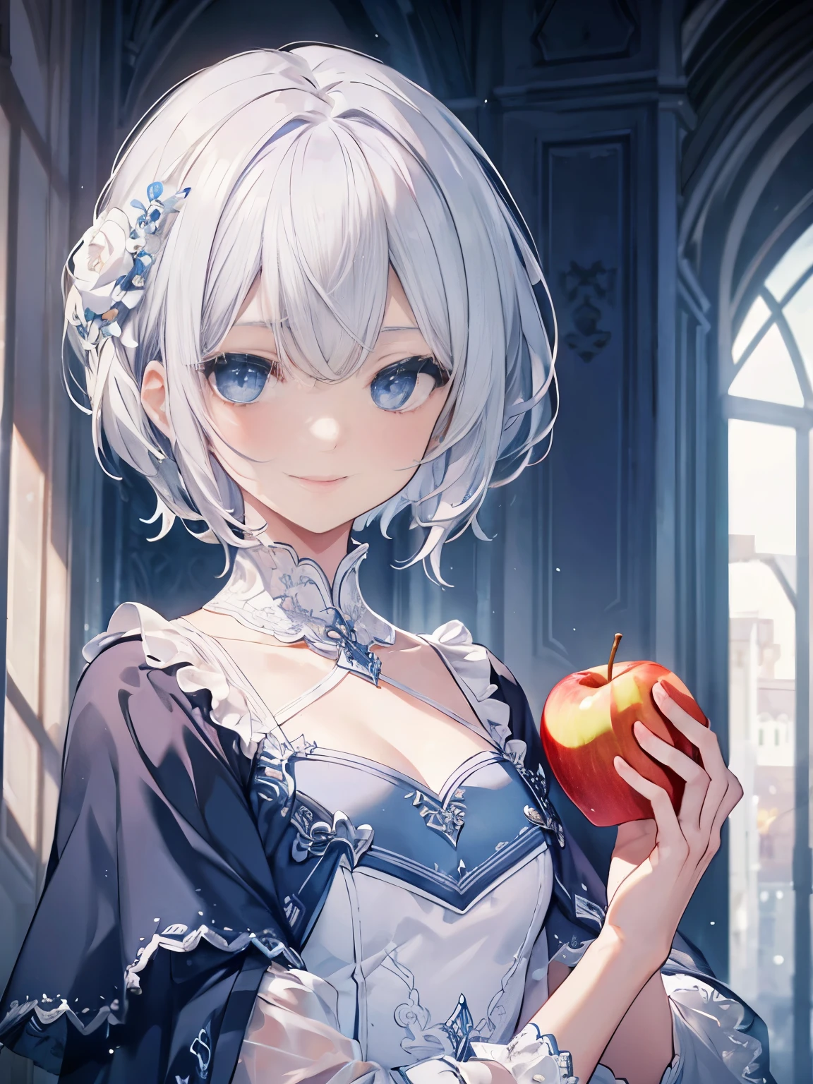 silver hair blue eyes inside the castle short hair white lace dress a lot of apples masterpiece best image quality clear cinematic shadow Increased attractiveness of the eyes clear the shine of the eyes Draw eyelashes neatly perfect eyes detailed eye Sharpen image quality Sharpen eye writing clear eye shape