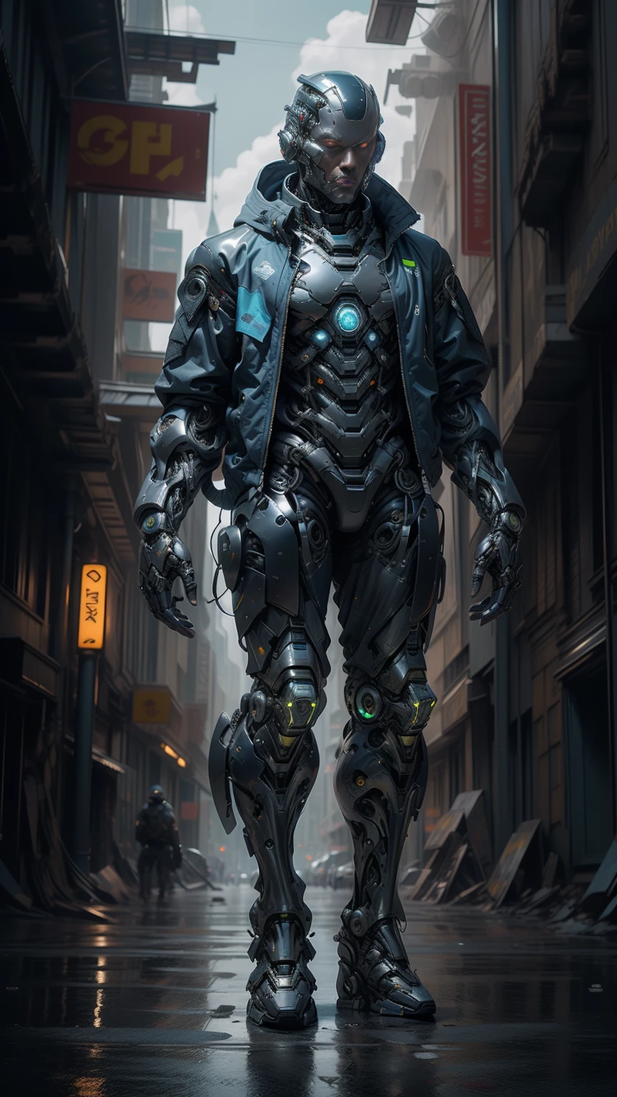 full body plane, a futuristic-looking ((black chrome cyborg)) man with a fantastic ((square cyberhelmet head with blue lights)), mechanical feet, wearing a pair of ((blue tactical gloves)), dressed in a ((blue techwear jacket)), standing in cyberpunk city, face focus UHD, anatomically correct, best quality, masterpiece, reelmech