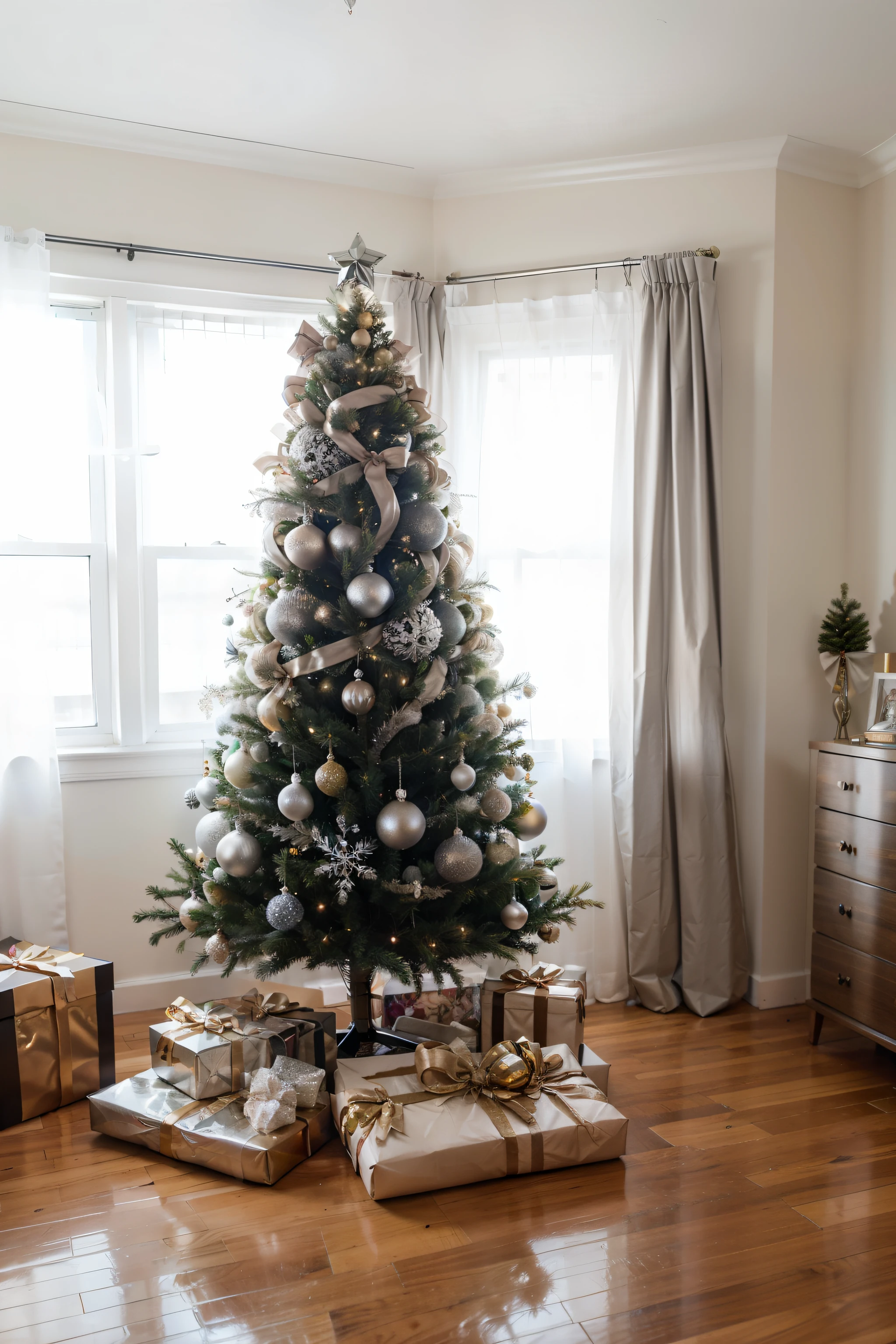 New Year'photo zone in a professional photo studio without windows, huge Christmas tree in the center, there are silver balls and shiny tinsel on the Christmas tree, There are bright holiday boxes of different colors around the Christmas tree., bright white photo studio with lots of garlands, photorealism, soft light, bottom corner, Without people