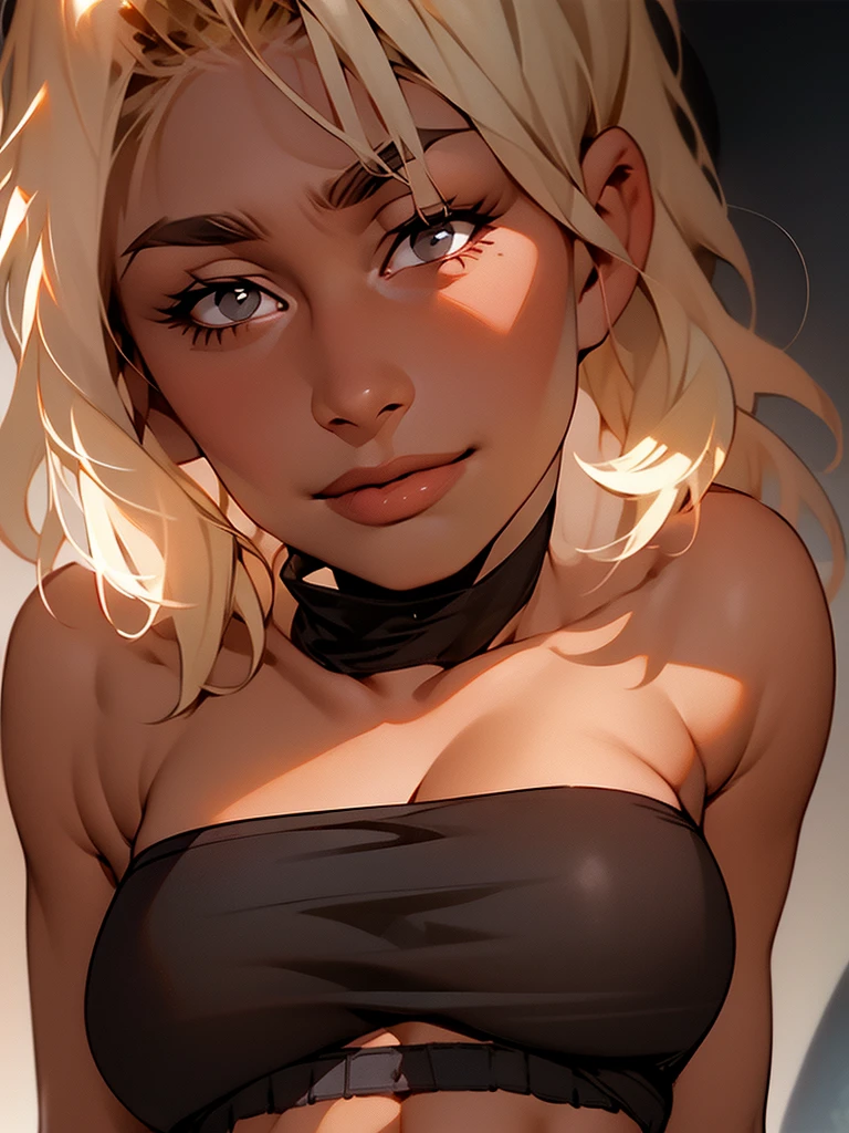 portrait photoshoot, platinum blonde bbardot , short hair, bbardot as solo fitness model, toned, large breast, wearing (((black seamless strapless tube bandeau bra top))), (((underboob))), torso shot, muscular, looking at viewer, smiling , blank background