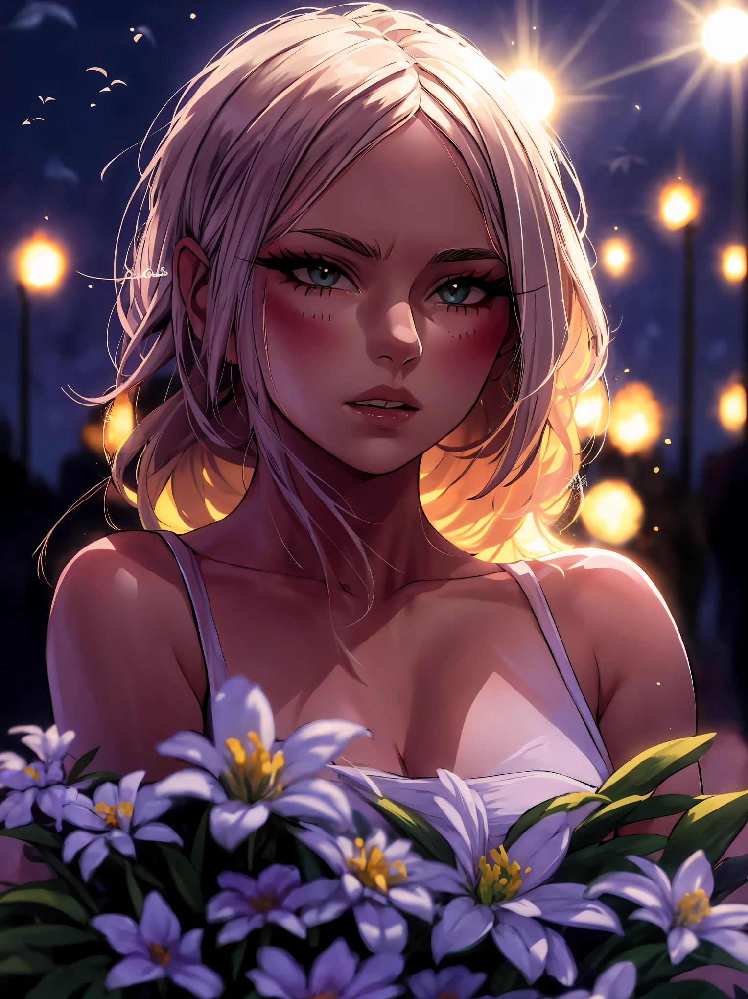 realistic, 1girl,, parted lips, blush, night, flowers, sun, sunlight,