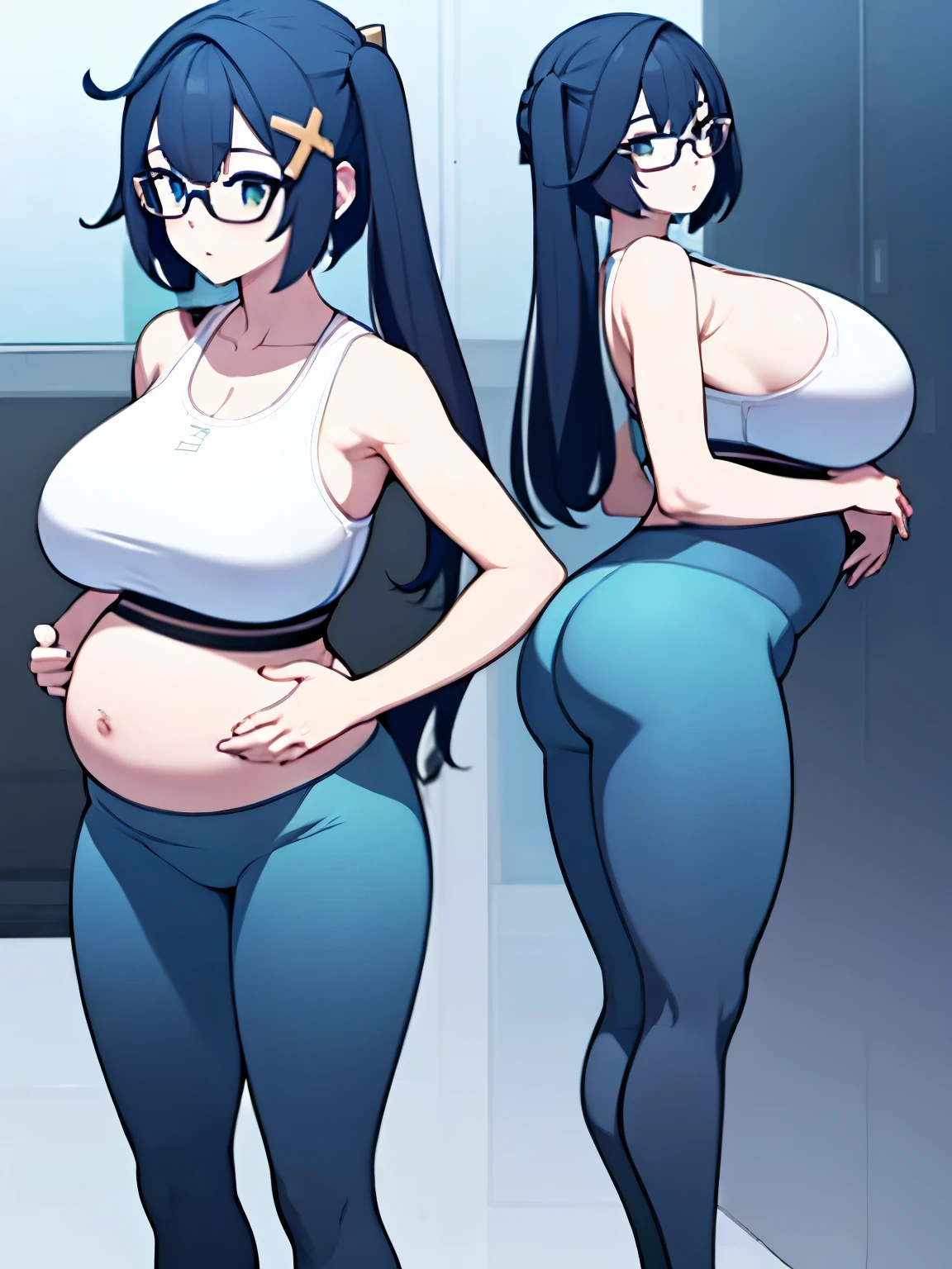(Very high quality, detailed, masterpiece) An image of a full body pregnant girl with a round belly, long hair, very big breasts and a bubble butt. She's standing barefoot with her hands on her belly and leaning back. She's wearing a sports bra, very thight leggings and glasses.